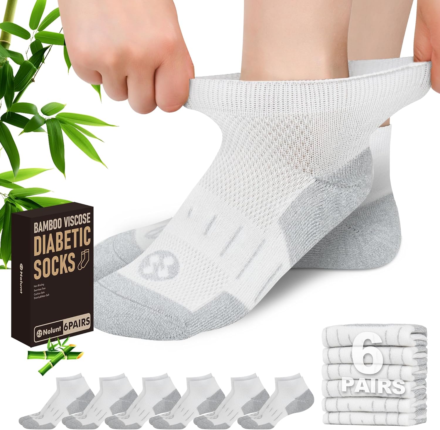 Nonlut Diabetic Socks for Men,6 Pairs Low Cut Neuropathy Mens Diabetic Socks 9-11/10-13(White-Medium)