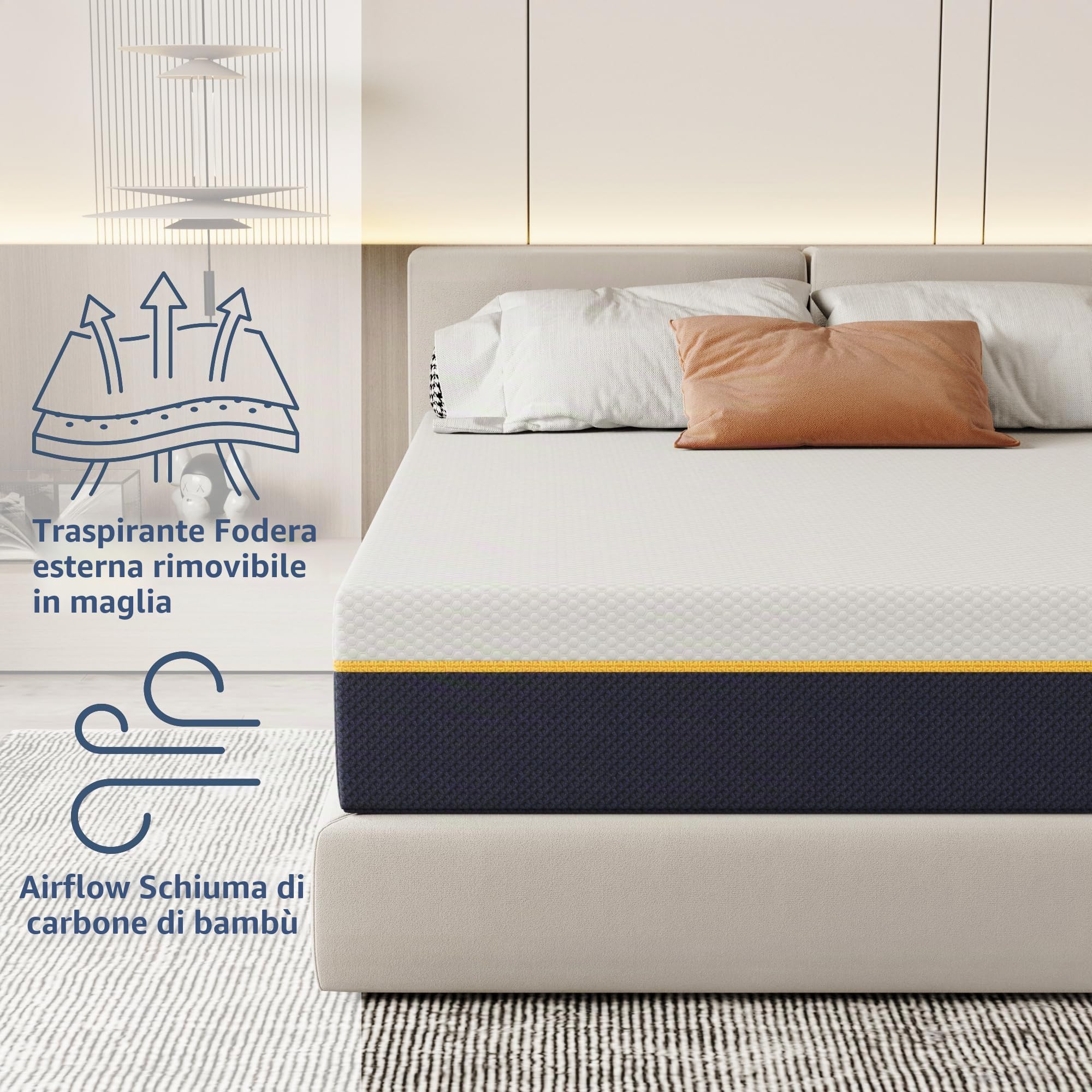 DEWINNER Materasso 160x200x21 cm|Memory Foam&Bambù Carbone|Supporto Alta Resilienza|TraspiranteIpoallergenico|Fodera Rimovibile Lavabile|Confort Medio
