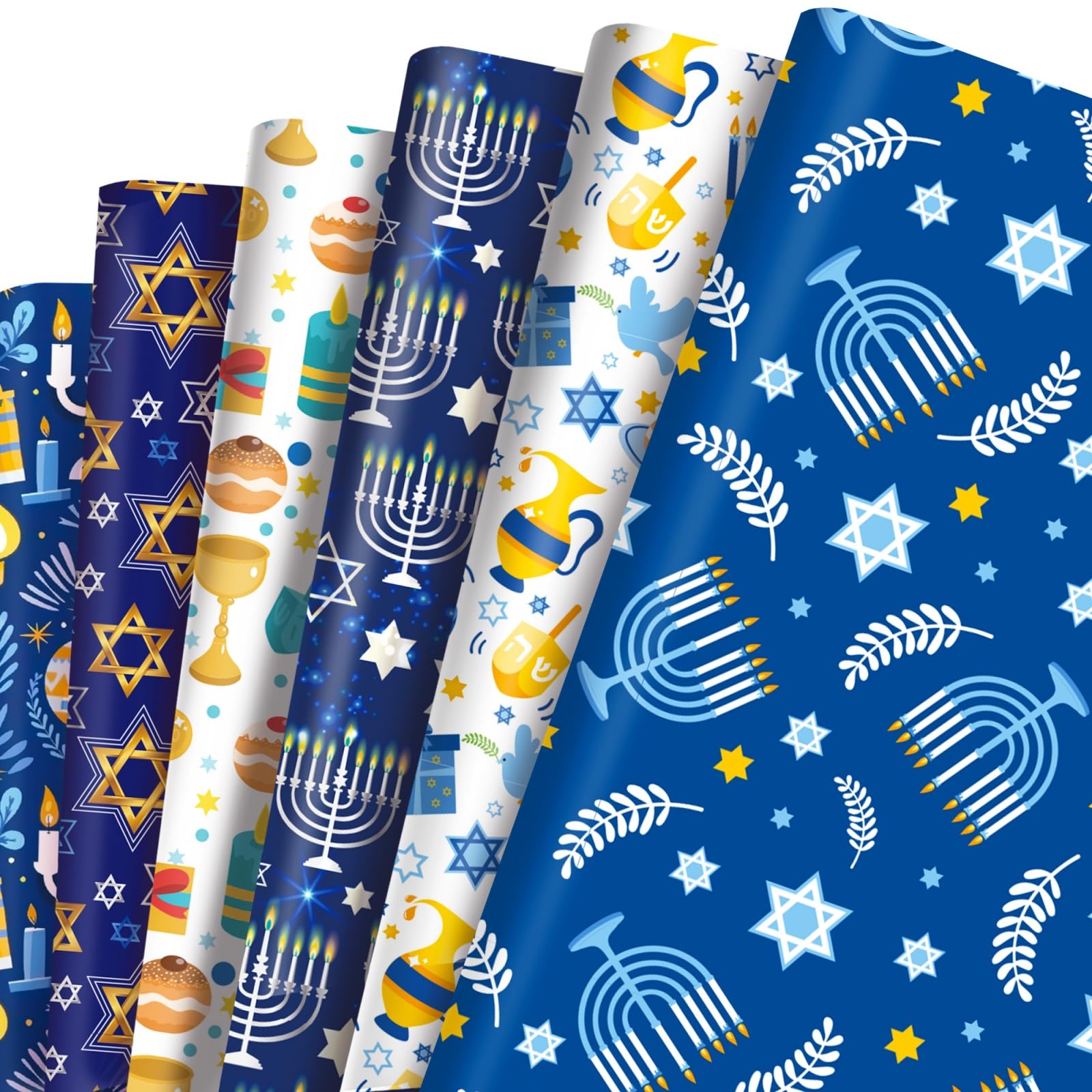 LOONELO Hanukkah Wrapping Paper, 12 Sheets Chanukah Menorahs Packaging Kraft Paper, Hexagram Candles Design Hanukkah Gift Wrapping Paper for Jewish Holiday Party Favor Decorations Supplies