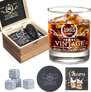 60th Birthday Gifts for Men Whiskey Glass Set - 60th Birthday Decorations, Party Supplies - 60 Year Anniversary, Bday Gifts Ideas for Him, Dad, Husband, Friends - Wood Box & Whiskey Stones & Coaster