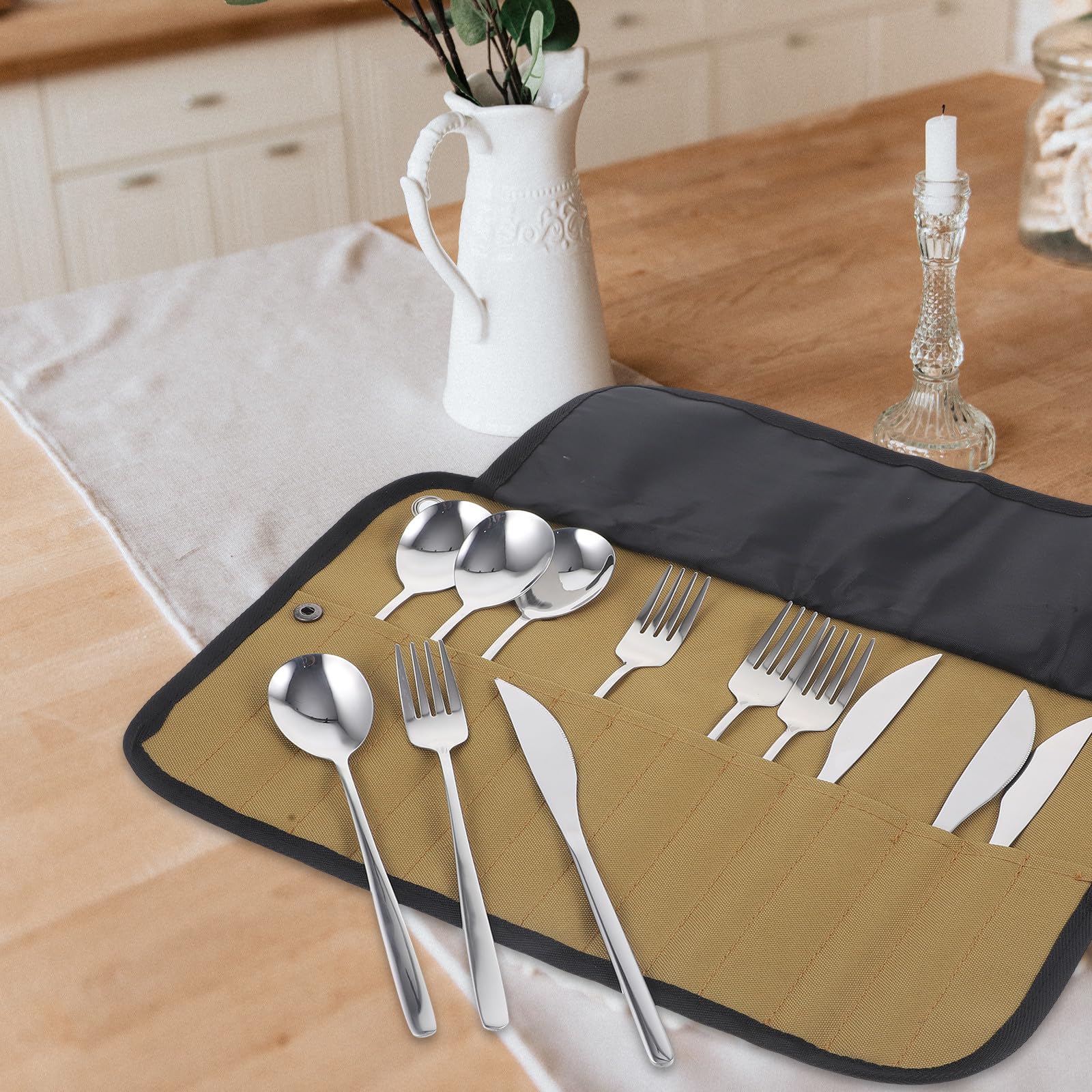 Set Posate da Campeggio in Acciaio Inox Borsa Arrotolabile | Argento, Design Compatto e Leggero, Facile Pulire e Portare per Bbq e Campeggio