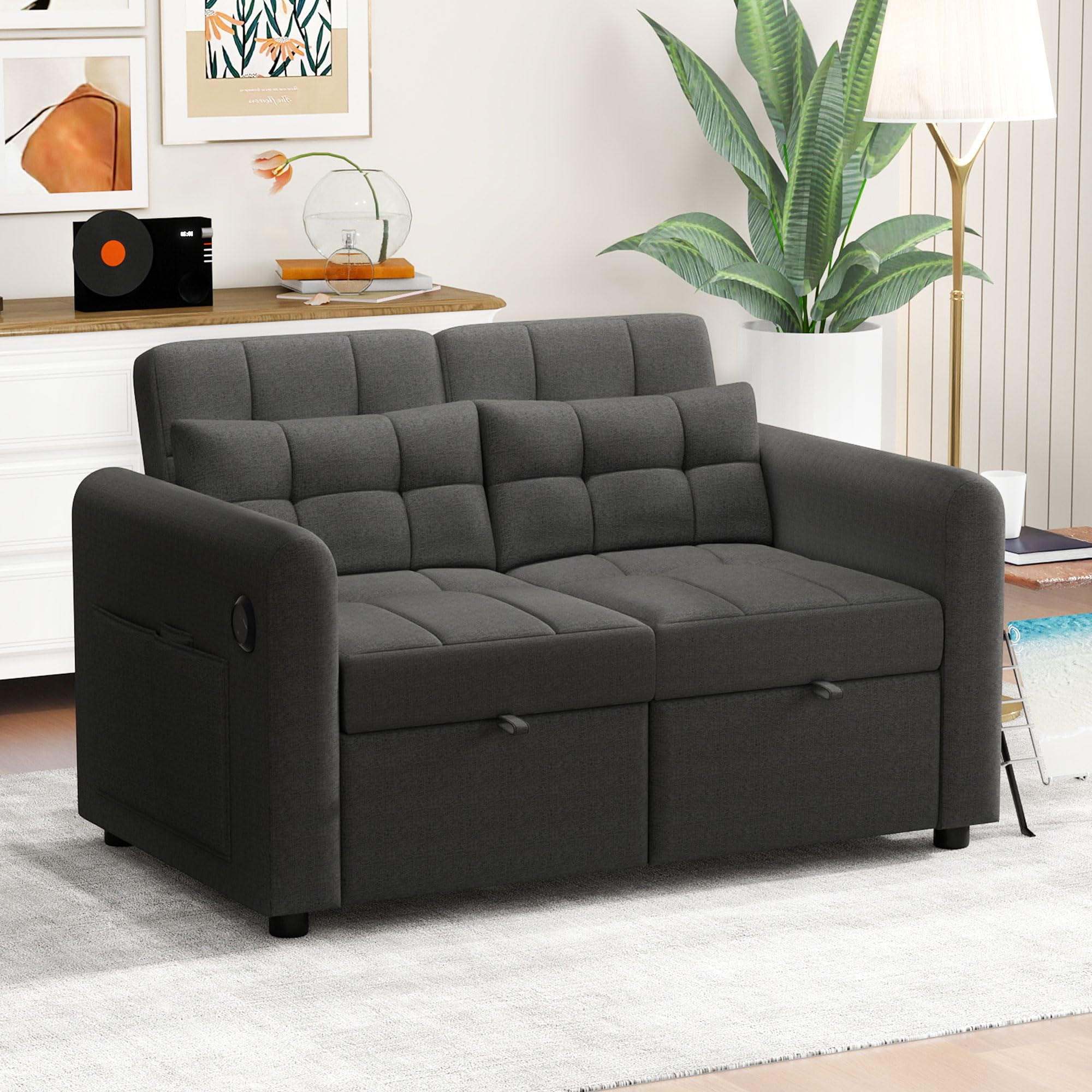 Lcoho Modernes Design: Loveseat-Sofa, 3-in-1-Ausziehsofa mit Verstellbarer Rückenlehne, USB, Armlehnentaschen und Kissen. Geeignet für Wohnzimmer, Schlafzimmer, Wohnung usw. (Gray)