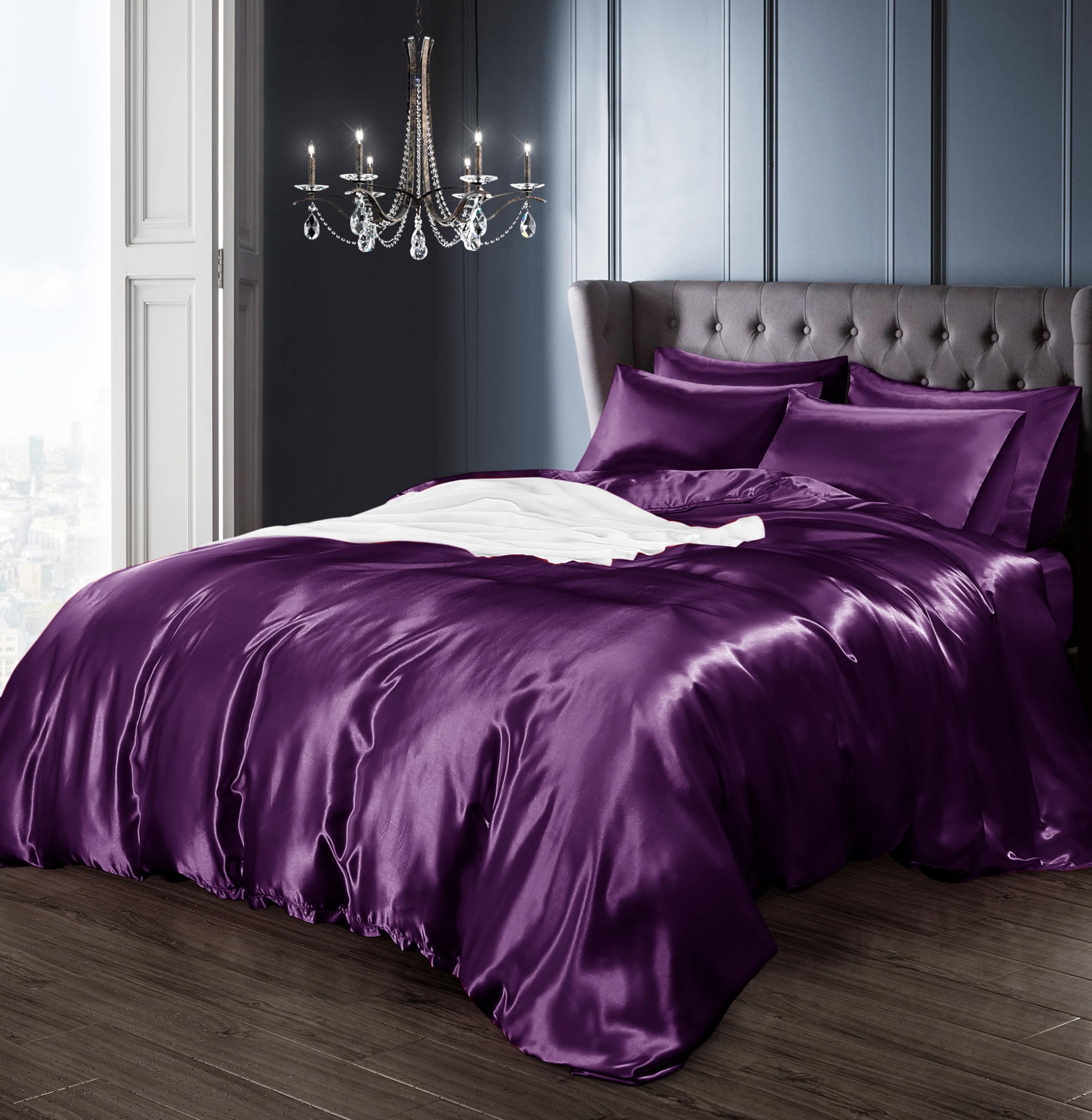 Intimates Satin Silky Bedding Sets Duvet Cover, Fitted Sheet and Pillowcases Easy Care Duvet Cover Complete Set (Double, Purple)