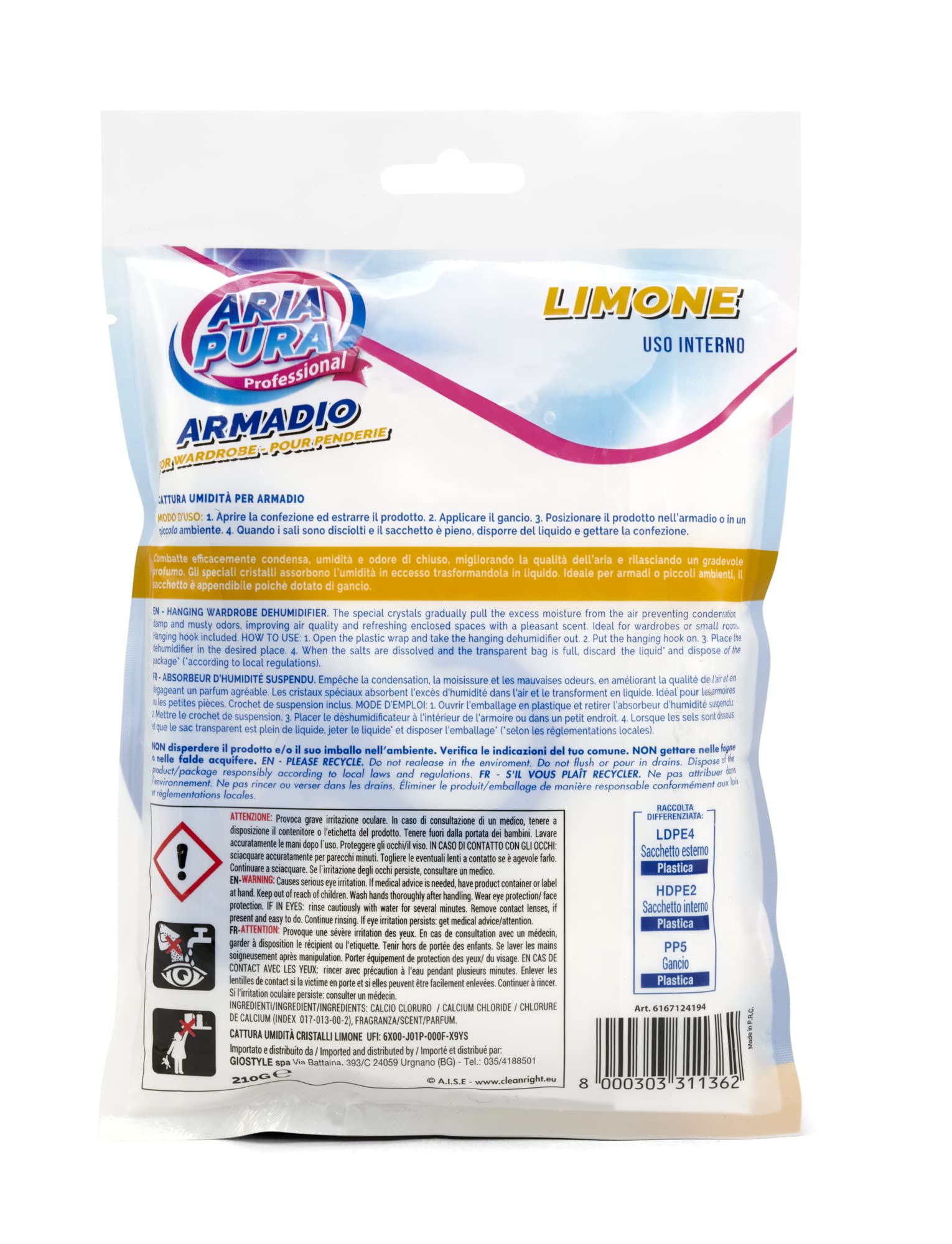 Ordinett Deumidificatore Cristalli per Armadio/Interni | Profumazione Limone | 210 gr | Elimina Umidità e Cattivi Odori