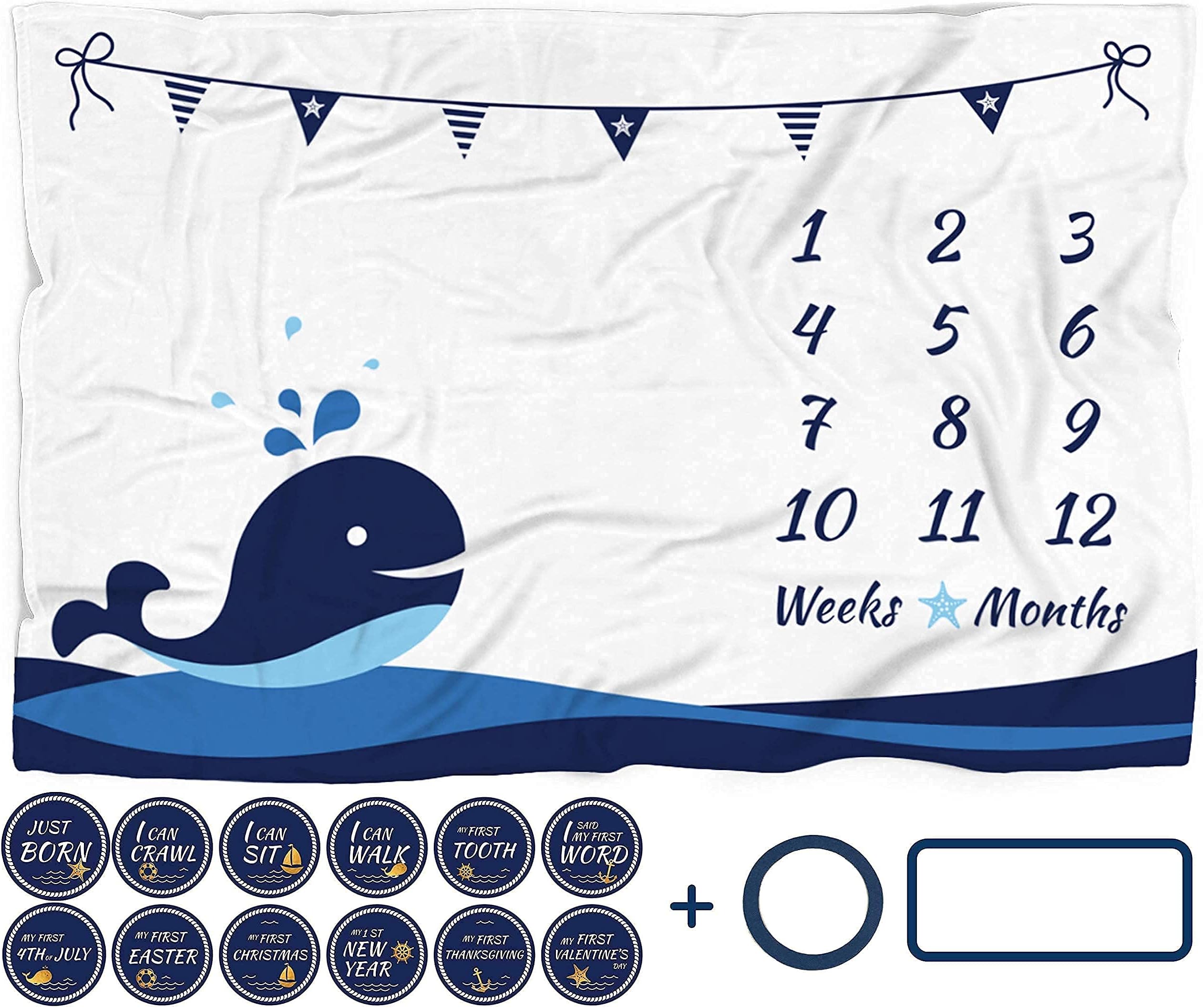 Milestone Blanket Boy, Whale Month Tracker, First Year Calendar Monthly Growth Chart, Photo Prop Mat, Baby Boy Shower Gifts, Nautical Nursery, (Minky 60"x40")