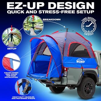 Pittman - Truck Bed Tent with EZ-UP Design - Pickup Truck Tent for Camping - Includes Rain Fly, Extra Wide Entry, Oversize Air Mesh & Porch Cover - Premium Pickup Bed Camper
