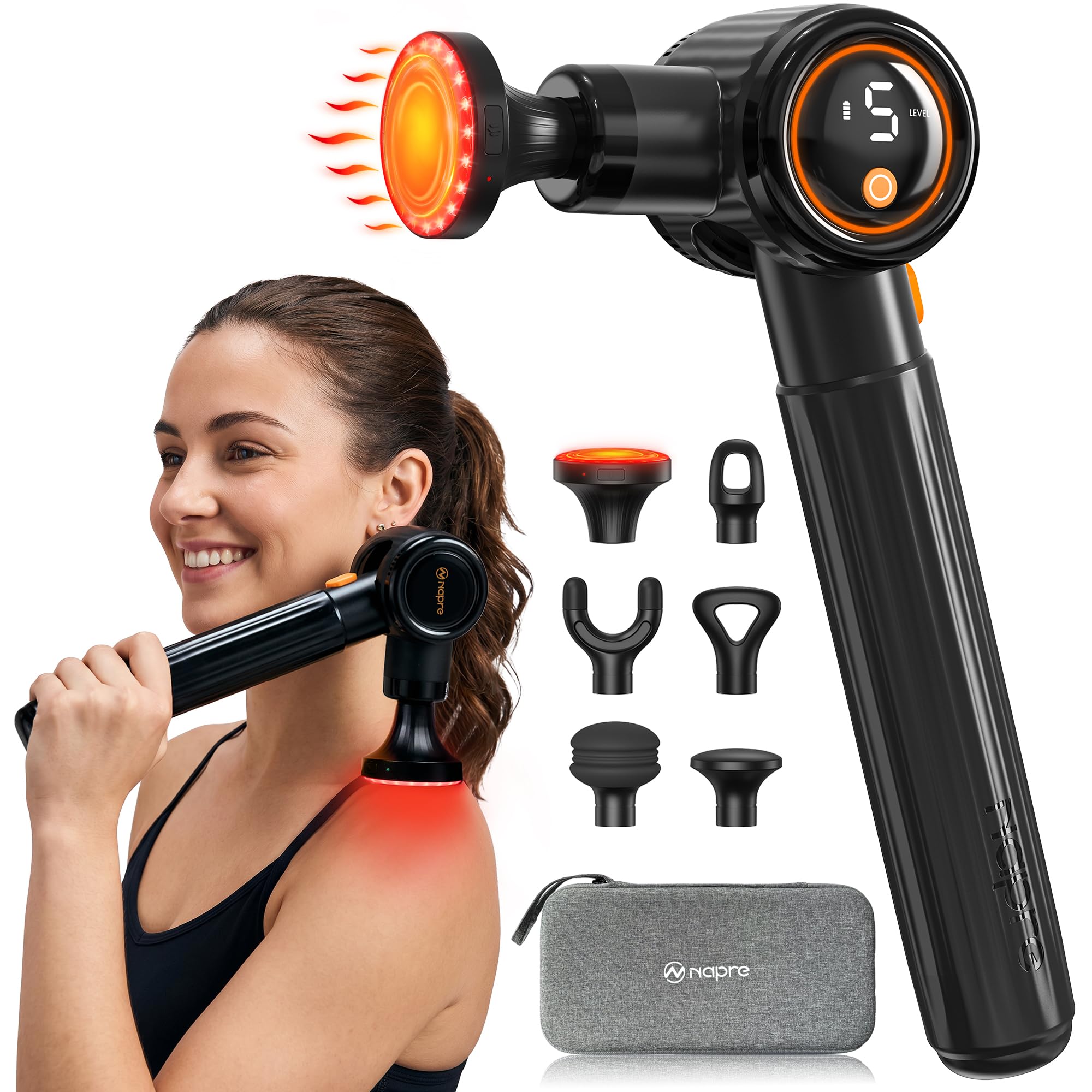 Pistola de Masaje Muscular con Calor y Luz Roja Terapia,Napre Pistola Masaje Muscular con Mango Largo y 3 ángulos Ajustables,Massage Gun Pistola Masajeadora,Masajeador Muscular Cervical Espalda,Negro