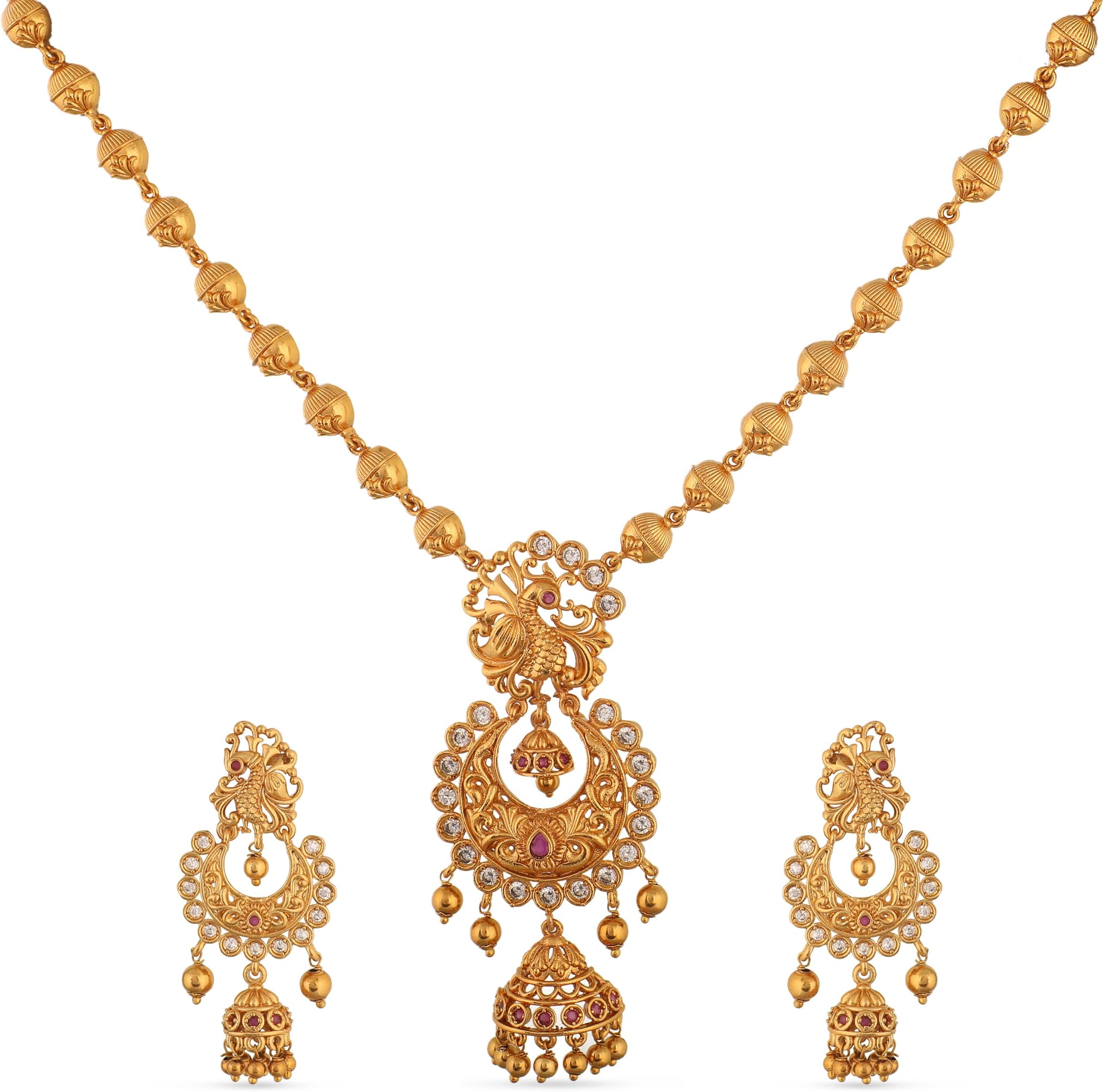 Antique Gold Plated Mara Short Necklace Set with Peacock Design - Indian Jewelry Sets for Women | Perfect for Casual Occasions | Traditional South Indian Necklace | 1 Year Warranty*