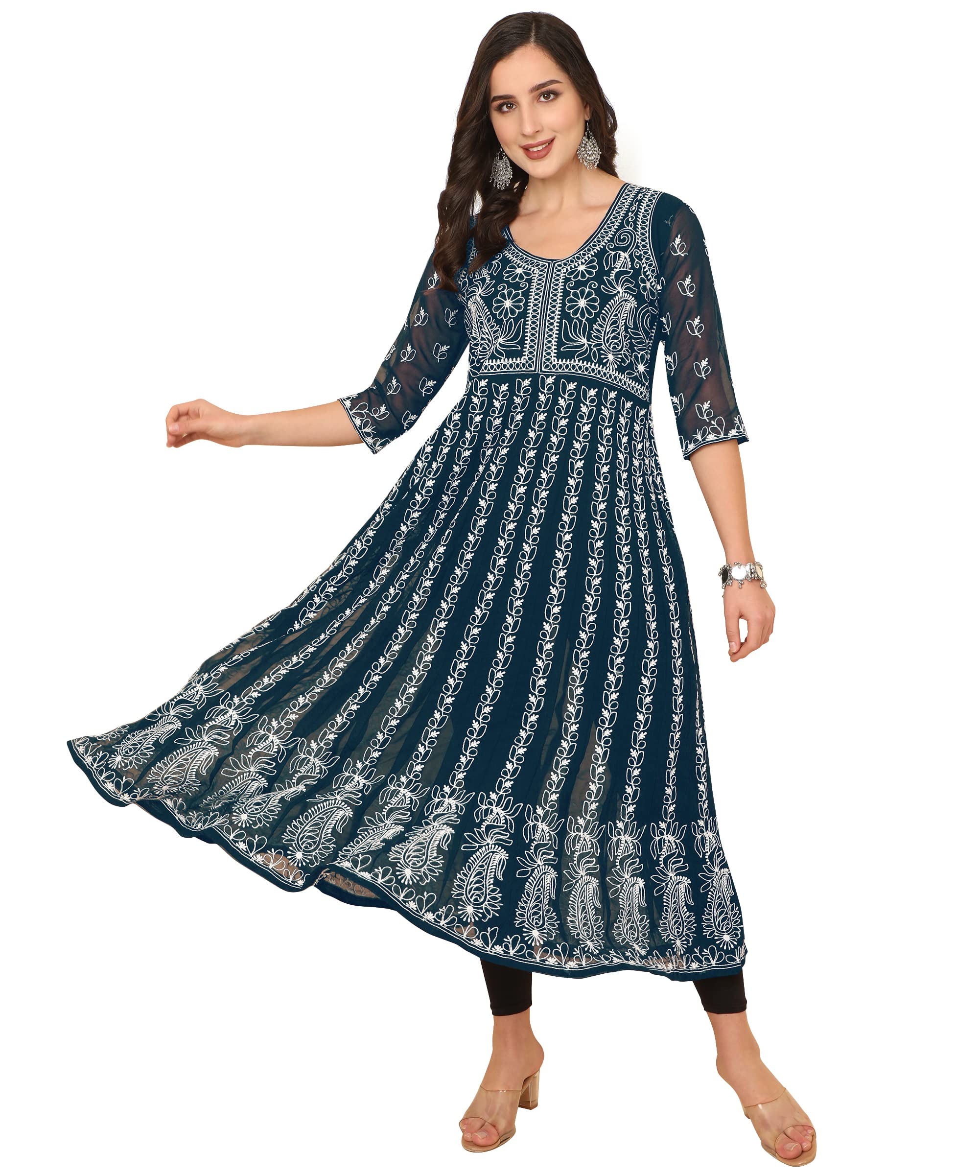 EthnicJunctionWomen's Georgette Chikankari Embroidered Anarkali Kurta