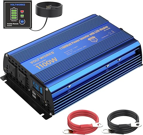 VOLTWORKS - Inversor de corriente de 1100 vatios CC 12 V a CA 120 V de onda sinusoidal modificada 1000 W con pantalla LCD, control remoto de 2