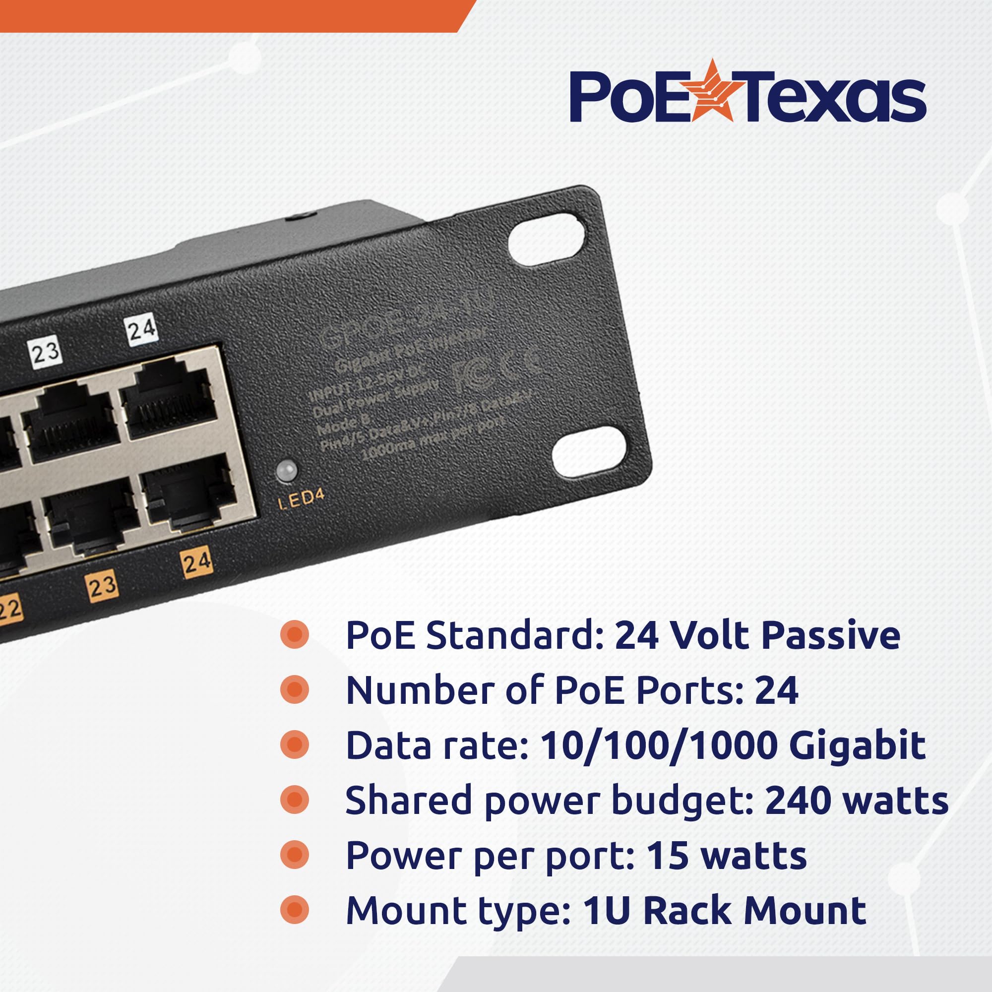 0215LAN: パソコン・周辺機器 PoE Texas 24 マルチポート PoE+ インジェクター 48V 240W 電源 - 10/100/