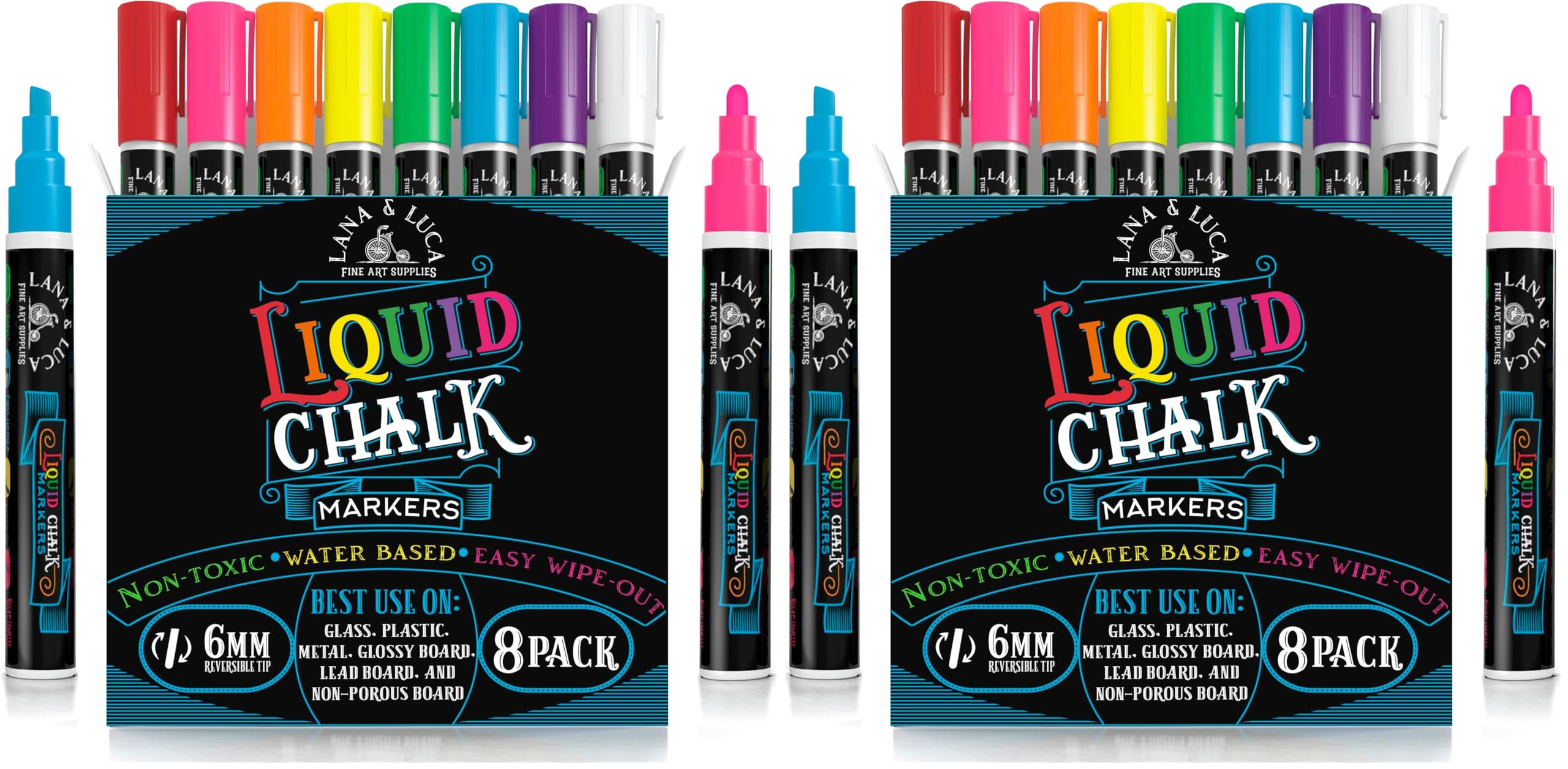 LANA &amp; LUCA Liquid Chalk Markers for Blackboards - Bold Color Dry Erase Marker Pens - Chalkboards Signs, Windows, Blackboard, Glass - 6mm Reversible Tip (16 Pack)