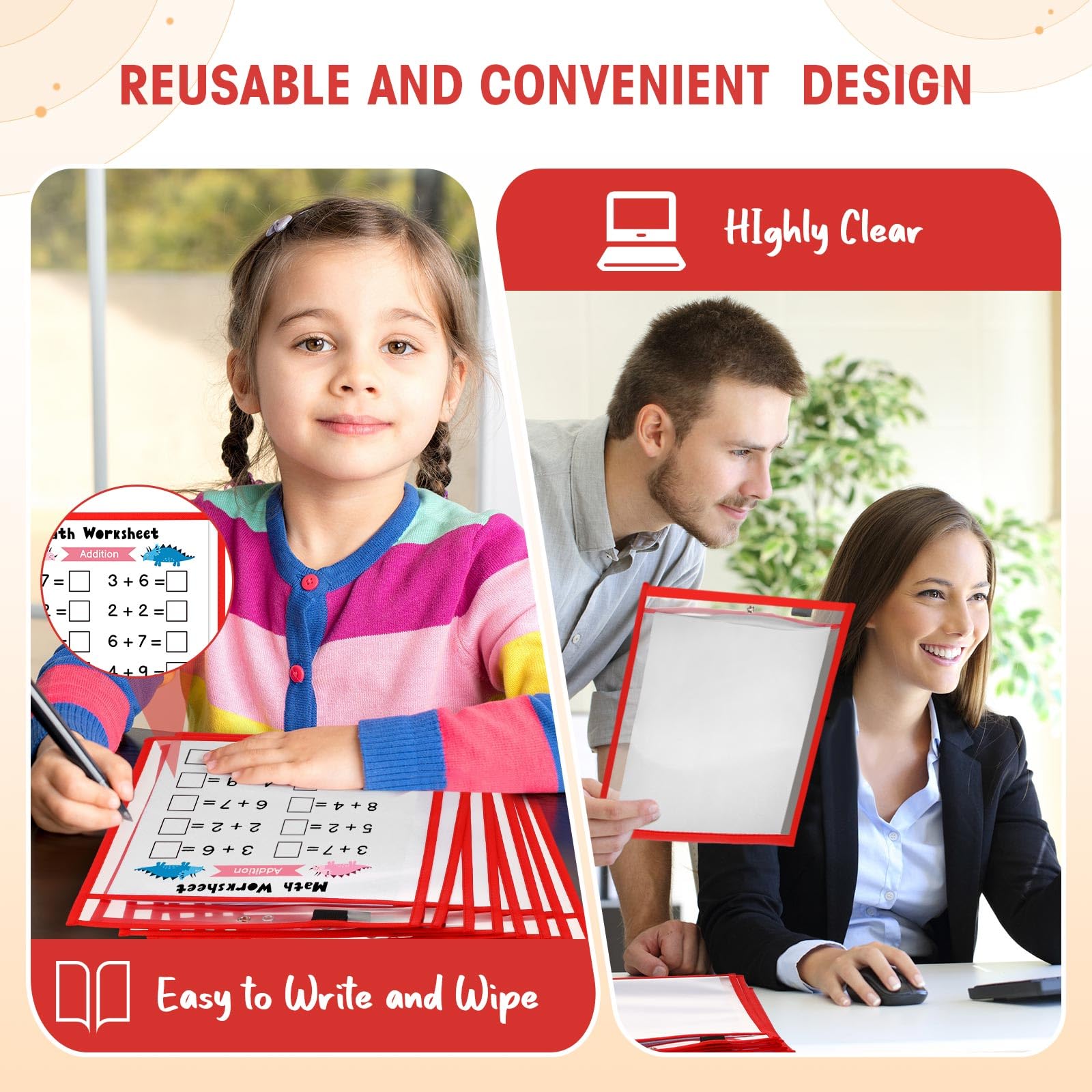 Cholemy 25 soportes para documentos de 9 x 12 pulgadas, bolsillos de borrado en seco, reutilizables, transparentes, protectores de hojas colgantes para profesores, trabajo, aula, oficina, suministros
