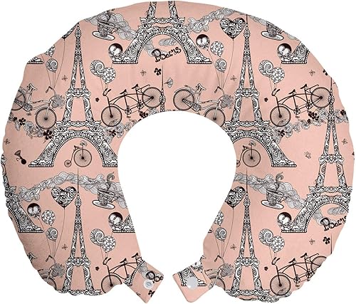 Miniatura 1 de Ambesonne Eiffel - Almohada de viaje para cuello, bicicletas retro, globos de corazón de café, remolinos franceses, accesorio de viaje de espuma