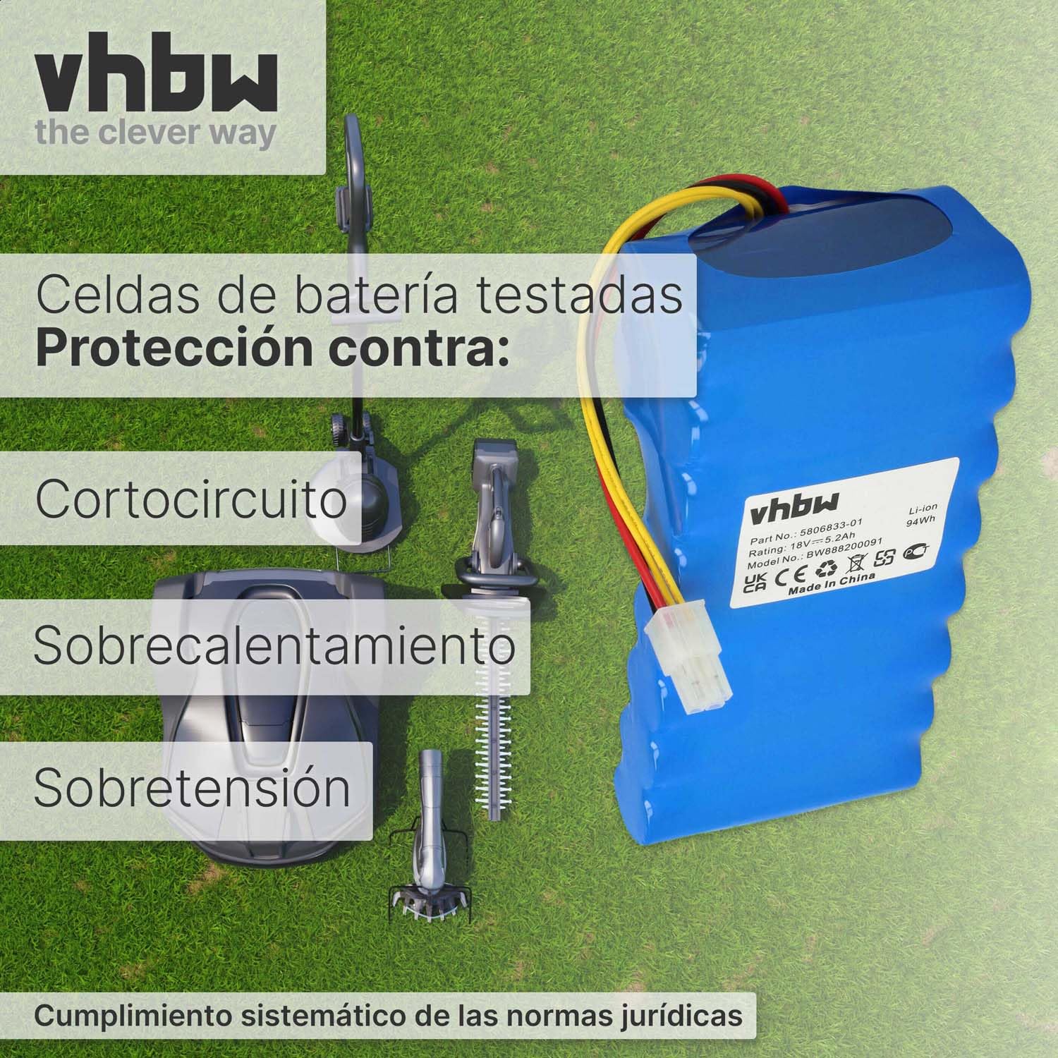 vhbw Batería (Pack) Compatible con Husqvarna Automower 550 (hasta 2019/2020), 520 (hasta 2019/2020) Robot cortacésped 5200mAh 18V Li-Ion