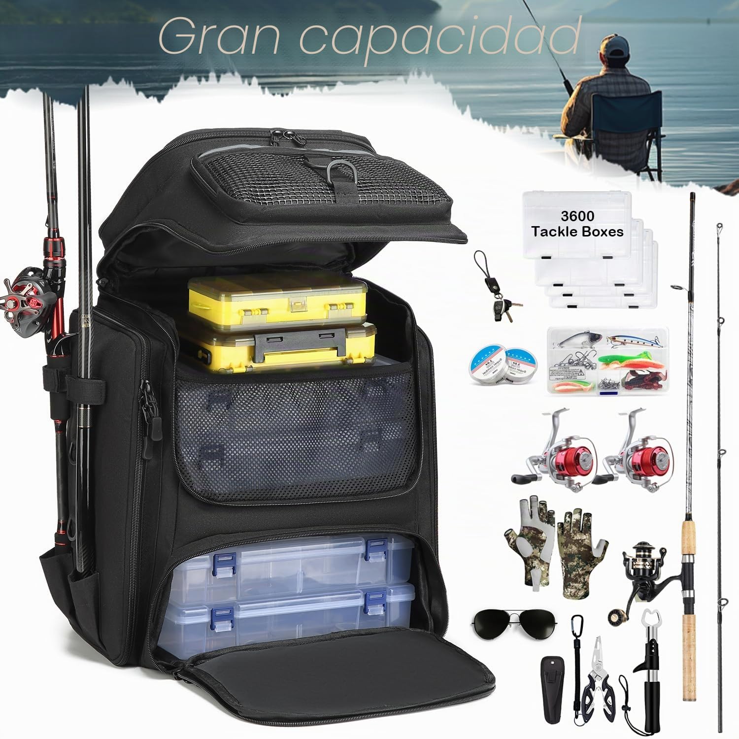 Mochila de Pesca impermeable 45L con Soporte para Cañas