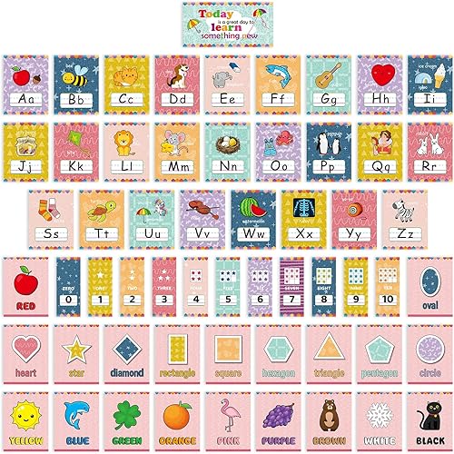 58 tarjetas educativas preescolares para niños, póster de aprendizaje temprano, números del alfabeto, colores y formas, decoración de tablón de