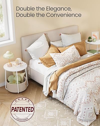 Miniatura 3 de VASAGLE Mesitas de noche, Juego de 2 Pequeñas Mesas Redondas con Cesta de Tela, Mesas de Noche, para Dormitorio, Blanco Mate y Marrón Camel