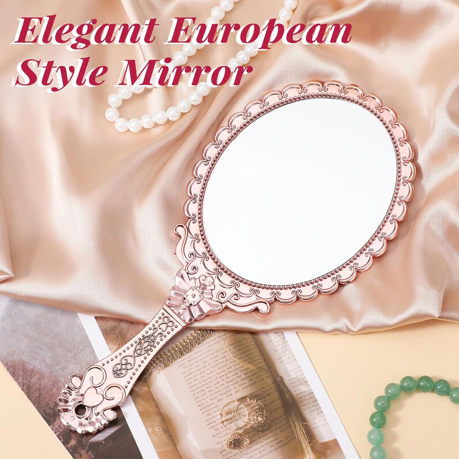 12 Pcs Vintage Handheld Mirror 9.6" L x 4.5" W Portable Pink Embossed Flower Mirrors Princess Mirror Party Favors Retro Hand Held Decorative Mirrors Bulk for Makeup, Travel, Party, Classroom
