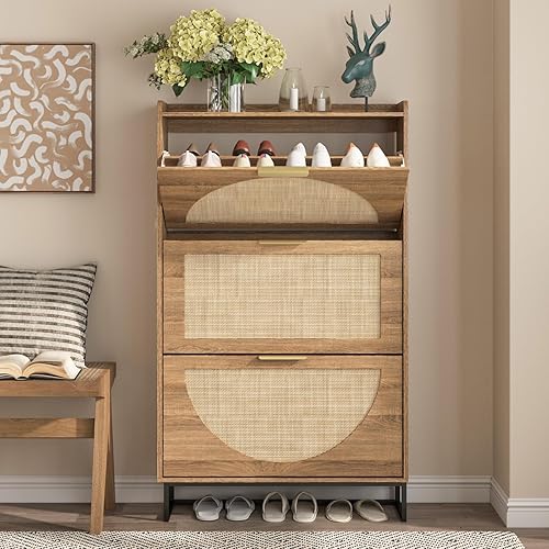 Miniatura 6 de Maupvit Gabinete de almacenamiento de zapatos de ratán con 3 cajones abatibles, organizador de zapatos independiente con patas de metal para