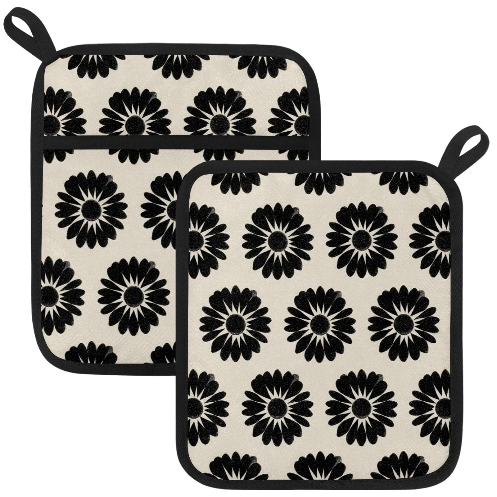 VAPOKF Black Daisy Pot Holder, Heat Resistant Oven Cloths, Potholders & Oven Gloves, for Kitchen Cooking & Baking, Thick & Safe, Protection of Hands From Hot Utensils