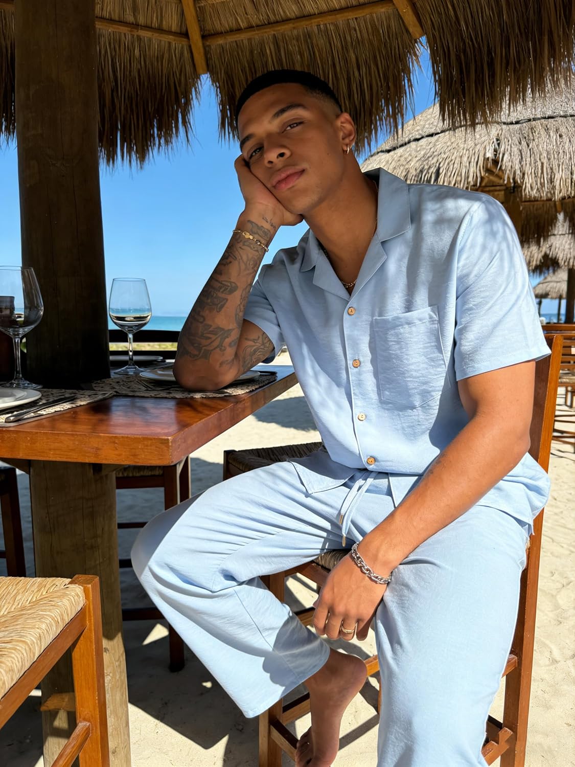 UOUA Mens 2 Piece Outfit Summer Beach Button Down Shirt Casual Loose Pant Sets - Image 5