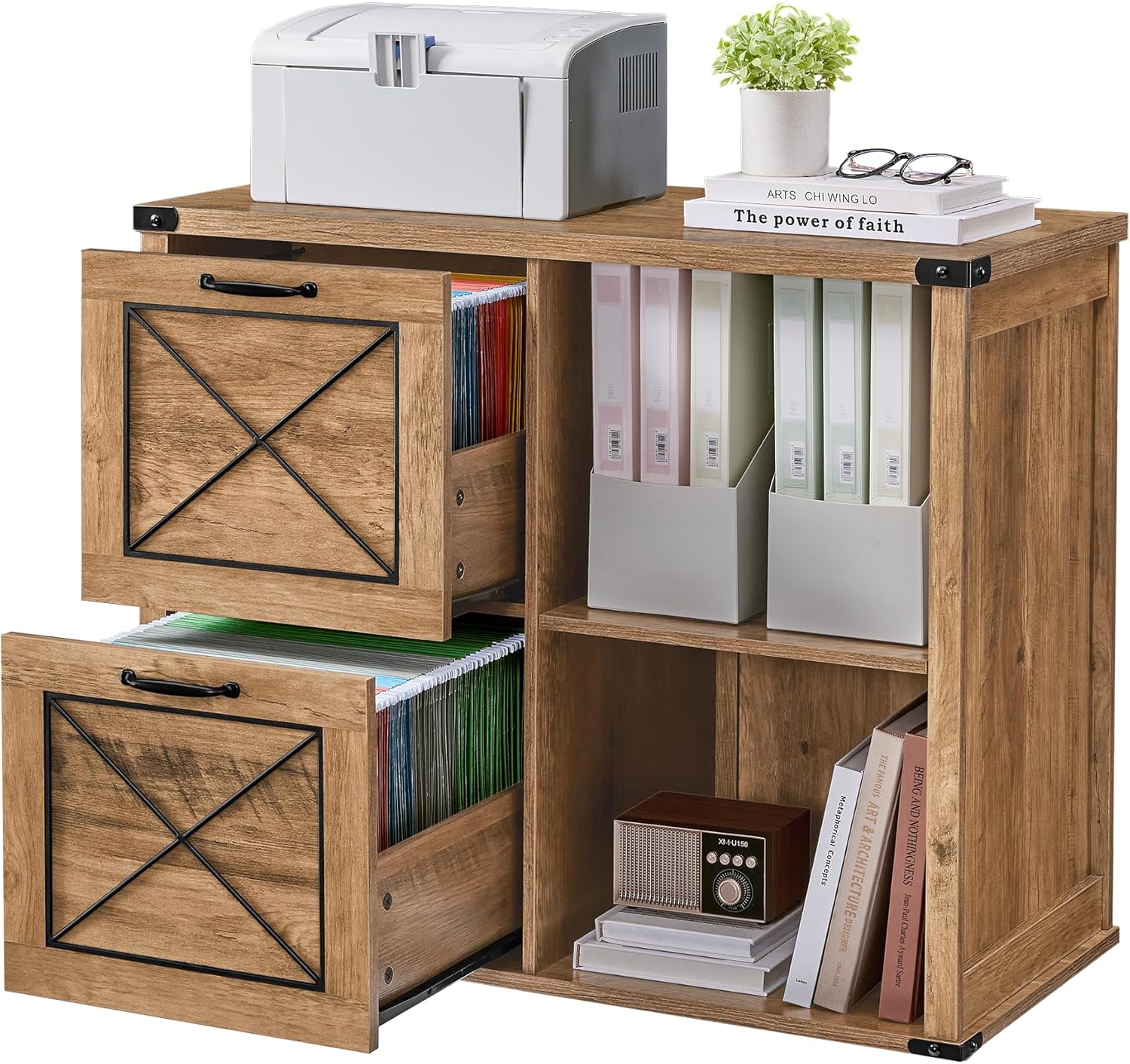 VASAGLE Lateral File Cabinet, Filing Cabinet with 2 Drawers, Printer Stand, 2 Open Compartments, Fit A4, Letter Size, Hanging File Folders, for Home Office, Farmhouse Style, Honey Brown UOFC049T41 Lateral Honey Brown