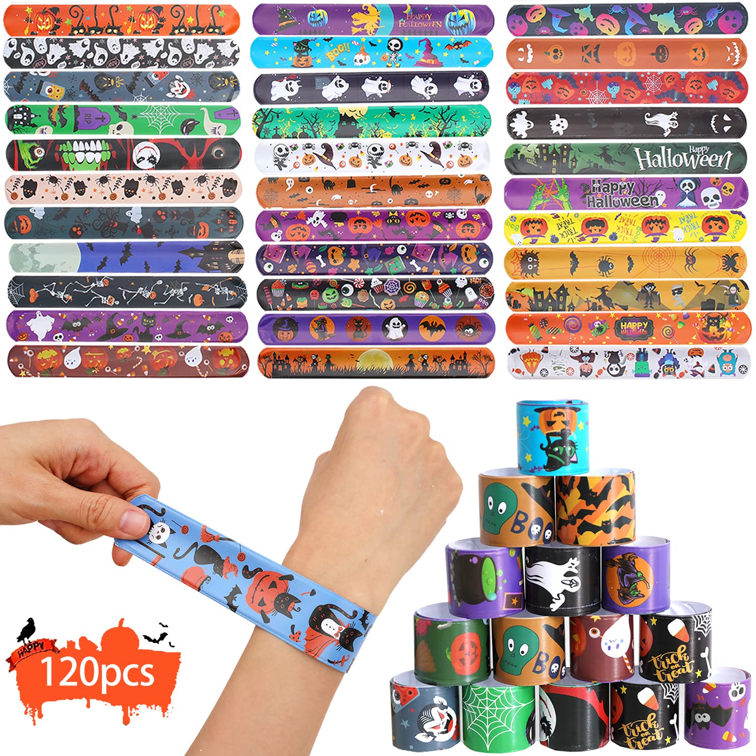 120 Pcs Friendship Bracelets Halloween Slap Bracelets Party Favors for Kids - 60 Different Design Bracelets Halloween Party Supplies and Decorations Snap Bracelets with Halloween Classies Pattern