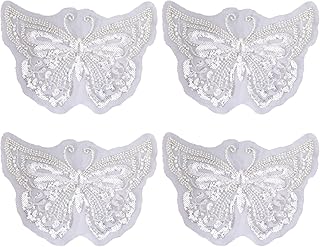4Pcs Butterfly Beaded Lace Appliques 9×7 Inch Pearl Beaded Patches Sequin Sew on Repairing Applique Embellishments for Sewing Clothes Wedding Dresses Jackets Bags Crafts
