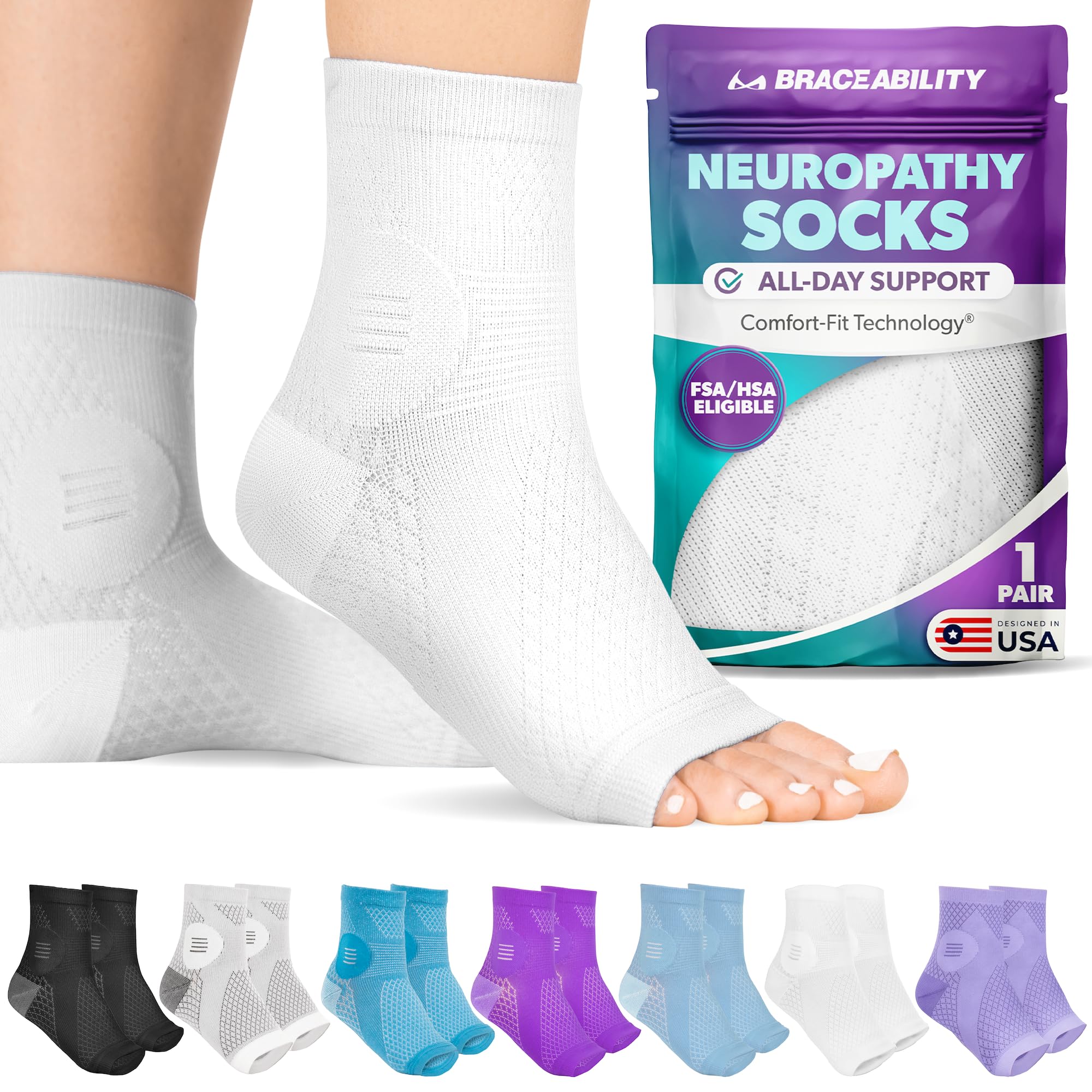 BraceAbility Neuropathy Socks (Pair) - Peripheral Neuritis Compression Diabetic Toeless Foot Sleeves for Nerve Damage Pain in Feet, Ankle Gout,