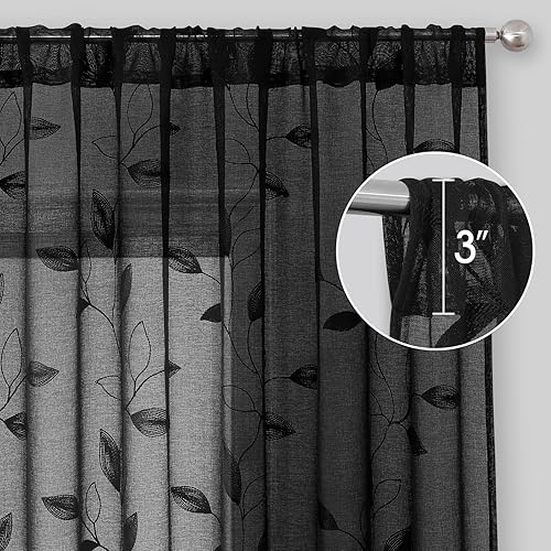 Miniatura 5 de HOMEIDEAS Cortinas Semitransparentes Negras de 52 x 96 Pulgadas de Largo 2 Paneles Patrón de Hojas Bordadas Negras Gótico Lino Sintético Floral