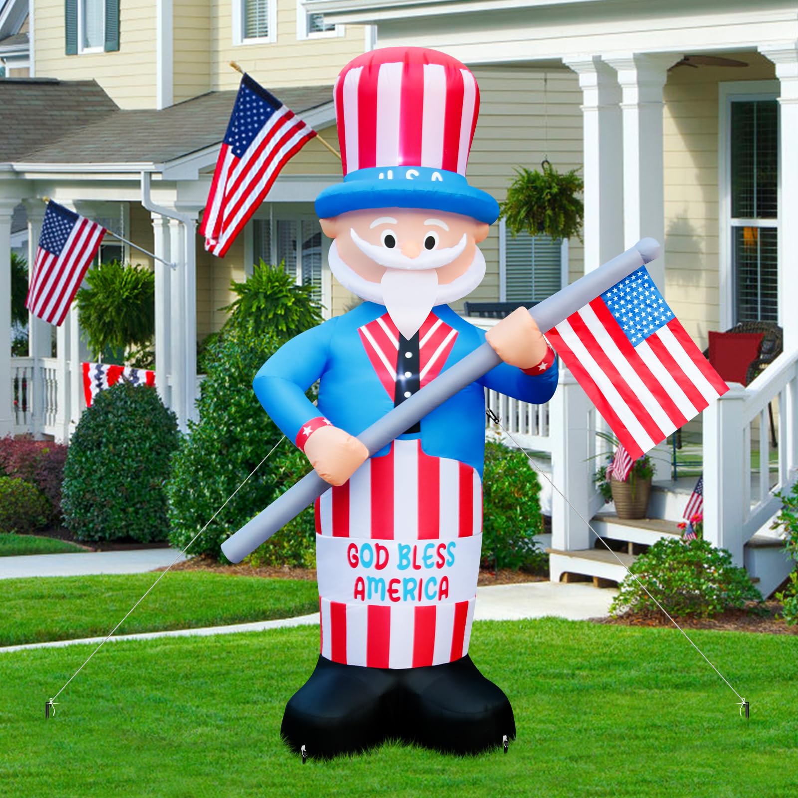 8FT Tall Independence Day 4th of July Inflatable, Uncle Sam Inflatables Decor with Patriotic America Flag, LED Lighted Blow Up Outdoor Decorations for Party Home Garden Yard Lawn Photo Prop