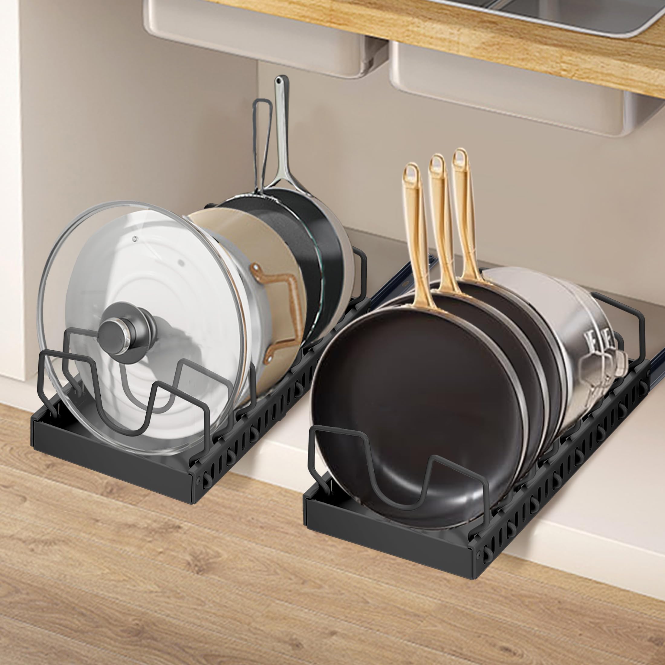 Organizador de armario extraíble, organizador de ollas y sartenes debajo del gabinete con 8 divisores ajustables, estantes extraíbles para armarios de cocina, organizadores de tapa de olla