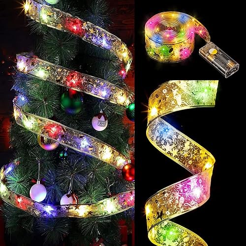 Tira de luces de cinta para árbol de Navidad 164 pies con 50 luces LED alimentadas por pilas para árbol de Navidad decoraciones de Navidad