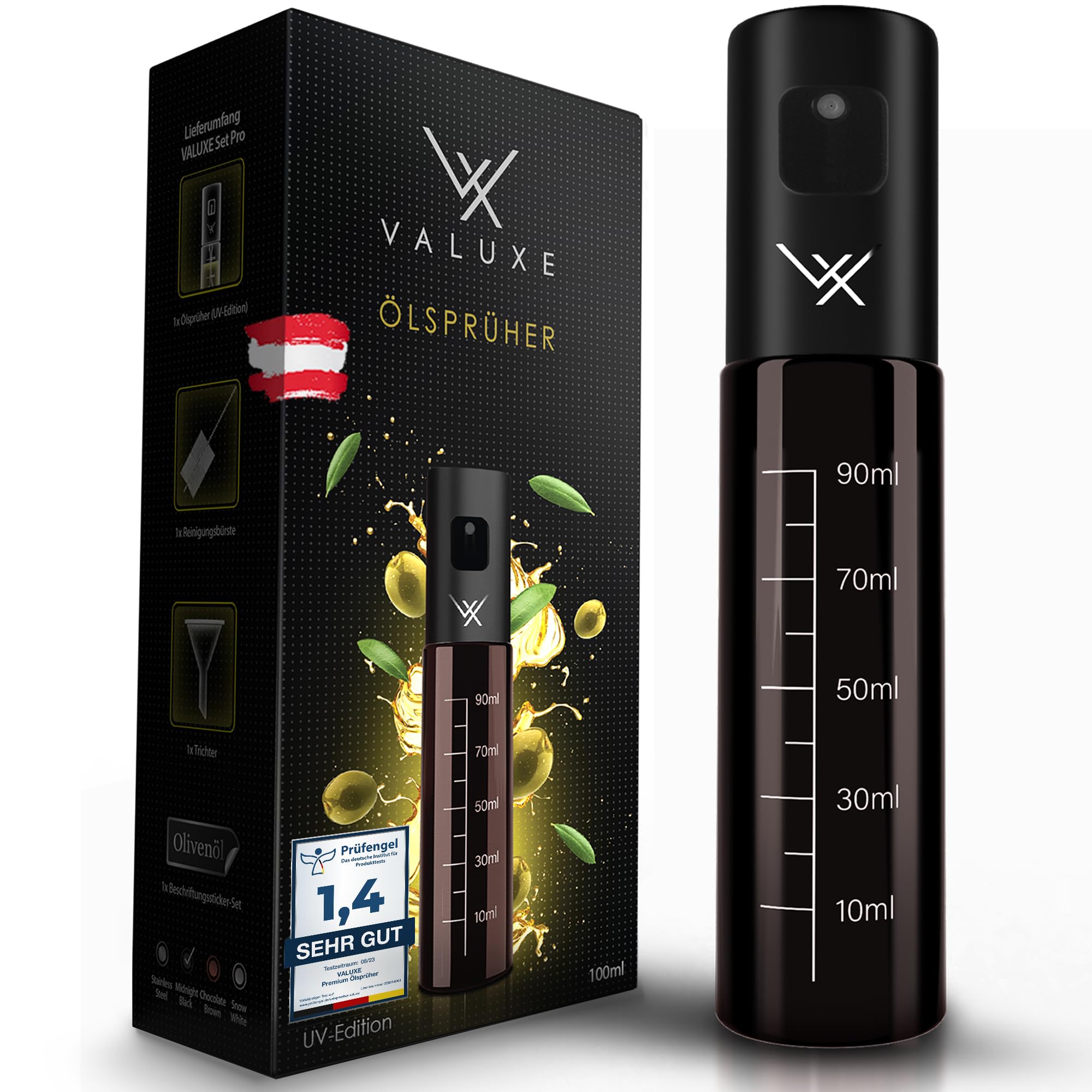 VALUXE® Ölsprüher für Speiseöl und Essig mit UV-Schutz Glas & Sprühfilter - Edelstahl Öl-Sprühflasche in Black - Präziser Olivenöl Sprüher, Öl-Zerstäuber, Oil-Sprayer