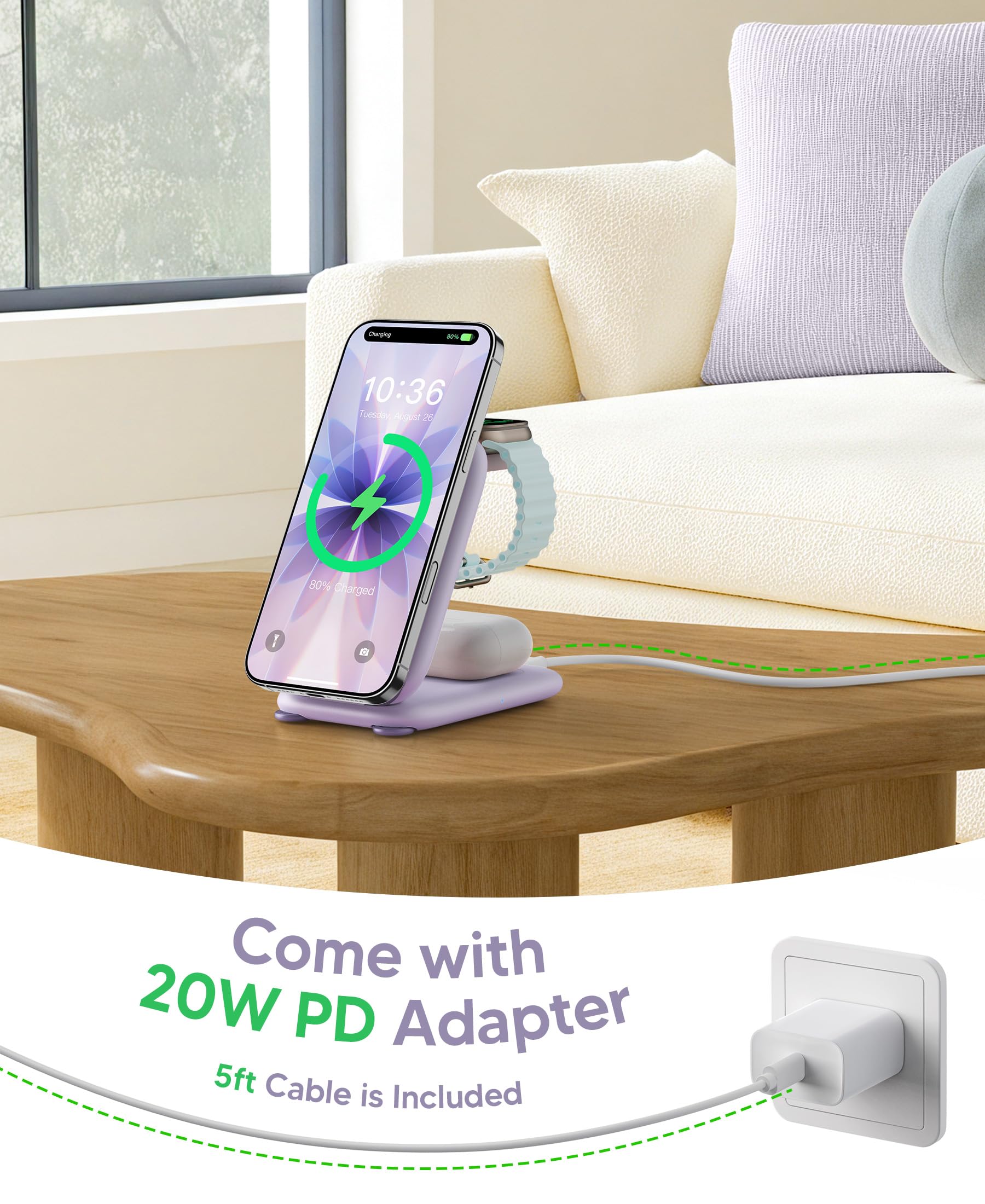 Mukiya Magnetisch Ladegerät Kabellose Ladestation für Apple-Geräte, 3-in-1-zum faltbar magnetischer Charger Kompatibe mit i-Phone 17 16 15 14 13 12 Series, Apple Watch und Air Pods 4 3 2 Pro(Lila)