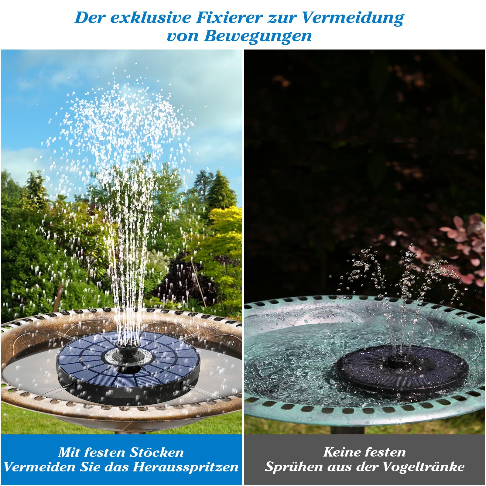 AMZtime Bunte LED 5,5W Outdoor Solar Springbrunnen für Außen, Solarpanel Durchmesser 21cm mit Akku, Outdoor Solarbrunnen für Draussen mit 7 Effekten Sprühmethoden, Solar Teichpumpe für Vogel Teich