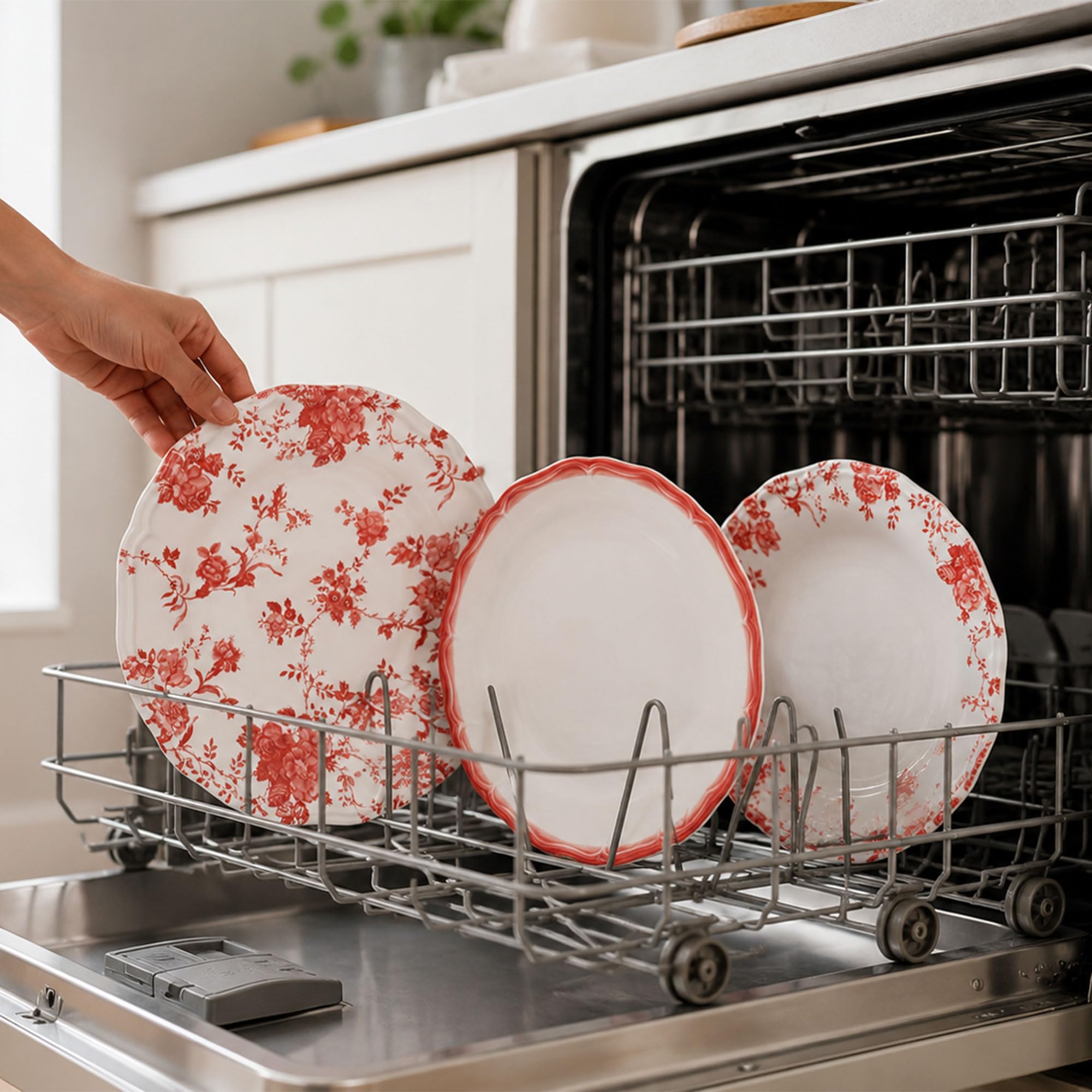 Nordic Schiller Tafelservice 24-teilig aus Porzellan für 6 Personen, Rot | 6 Speiseteller, 6 Suppenteller, 6 Dessertteller, 6 Kompottschalen, Modernes Geschirrset