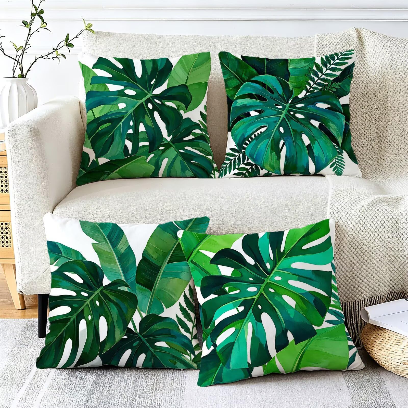 Verde Federe Cuscini Divano 50x50cm, Cuscini da Esterno Set de 4, Cod-130 | Velour Copricuscini Decorativi Letto Arredo, per Letto,Giardino, Esterno, Casa Decorazione Set di 4 Piante Tropicali