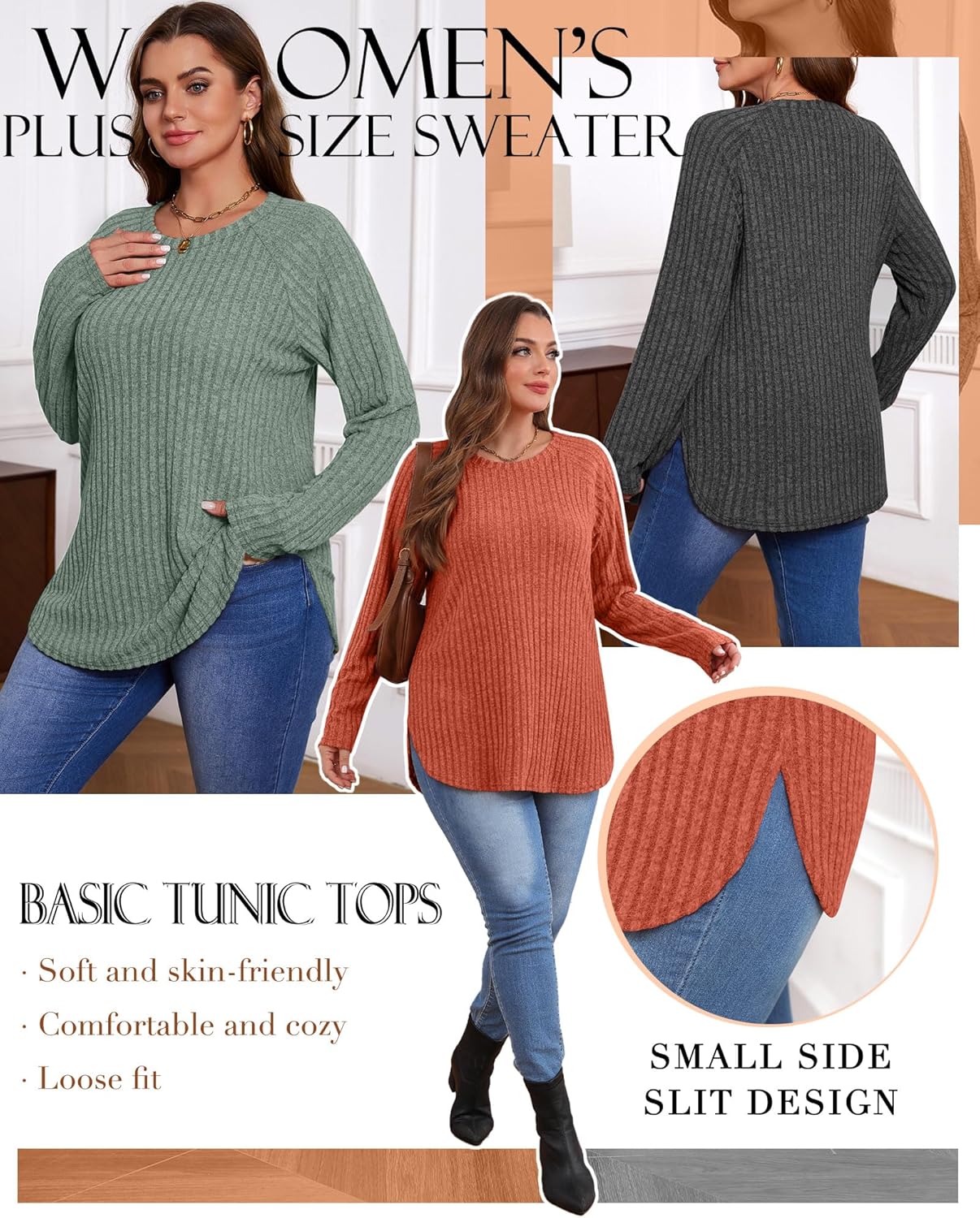 Ficerd 3 Pack Plus Size Tunic Tops for Women, Long Sleeve Women's Sweaters Curved Hem Side Split T-Shirts Crew Neck Pullover - Image 2