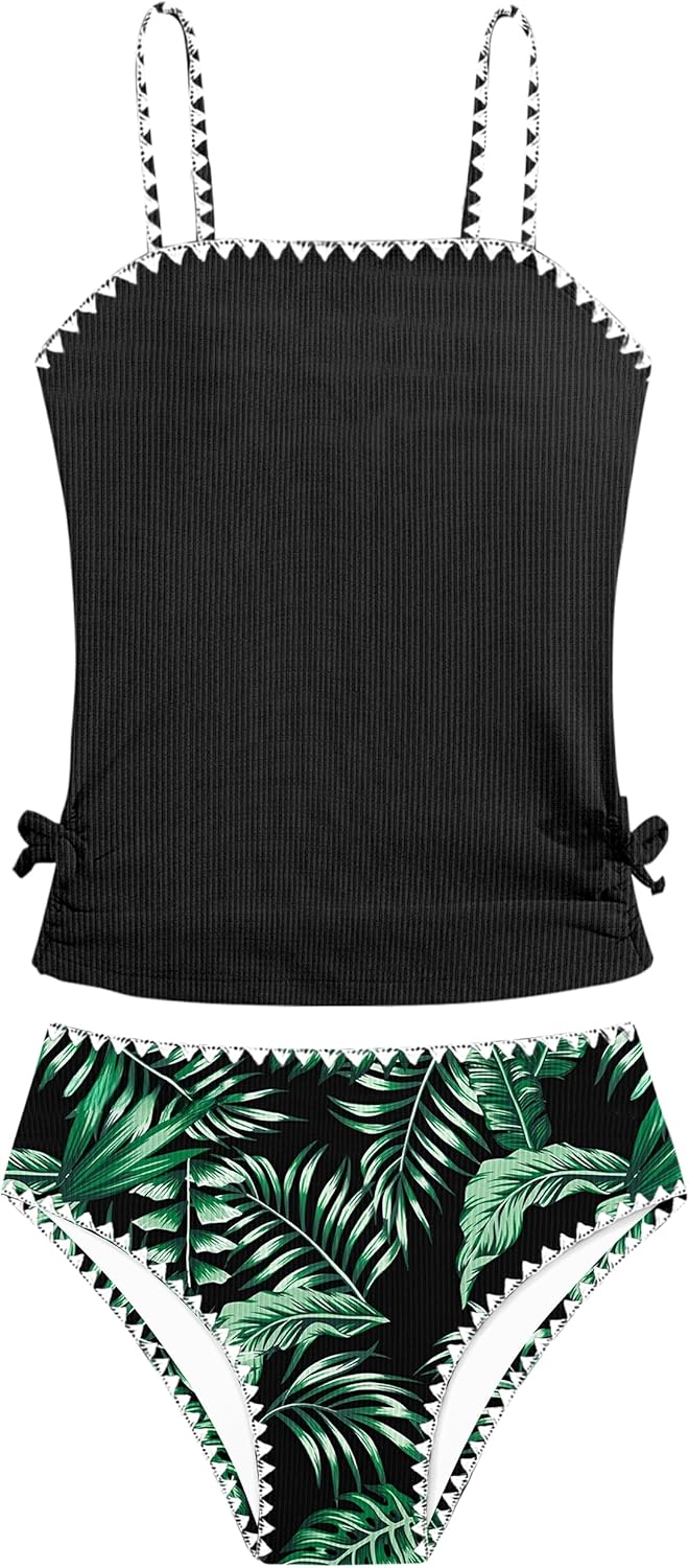 Queenstyle Teen Girls Tankini Swimsuits Two Piece Bathing Suit Drawstring Girl's Swimwear for Pool Beach