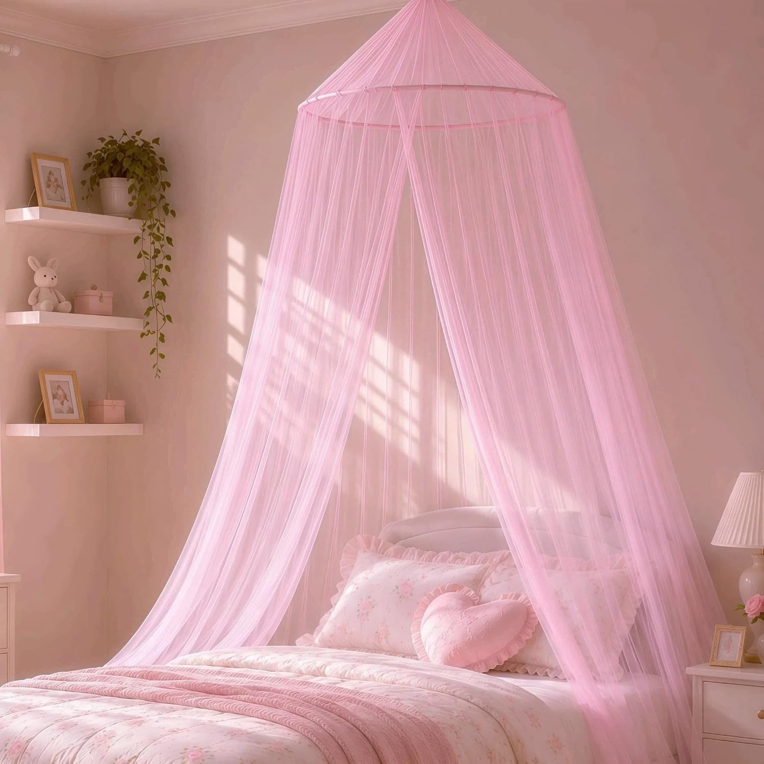 Pink Bed Canopy for Girls, Round Dome Bed Curtain, Dreamy Mosquito Netting for Princess Bedroom