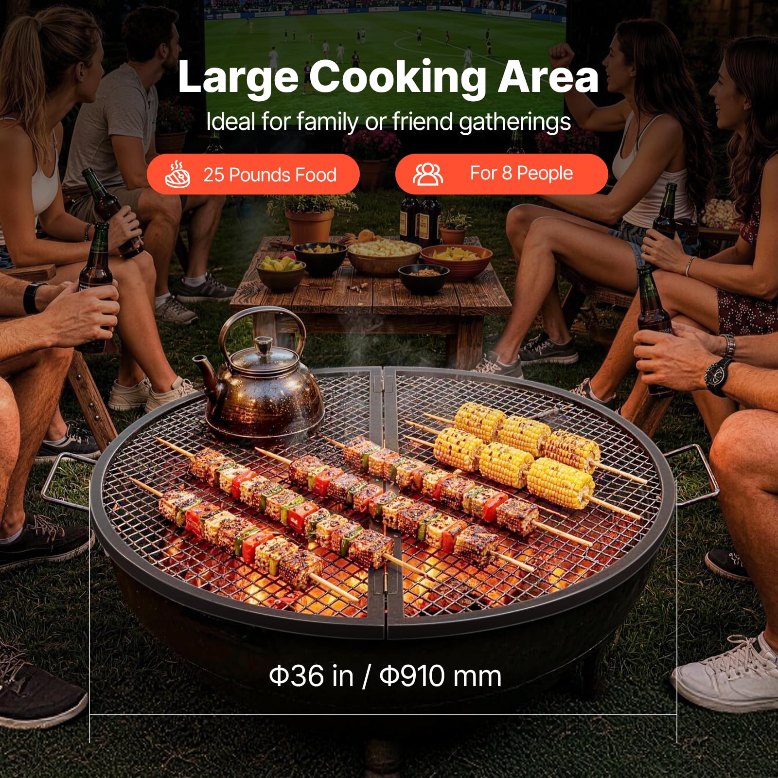 VEVOR Griglia per Barbecue in Acciaio Rotonda Portatile Pieghevole, Diametro 91 cm, Portata max. 20 kg, Materiale Utensili per BBQ Affumicatori, Braciere, Picnic, Campeggio, Viaggio, Giardino, Cortile