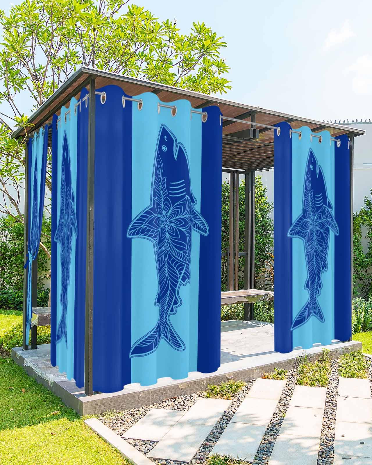 Waterproof Outdoor Curtains for Patio Porch, Modern Abstract Blue Shark Stripe Grommet Curtain Panel Windproof Outside Curtains Tieback, Summer Coastal Style Weighted Window Treatment Drapes