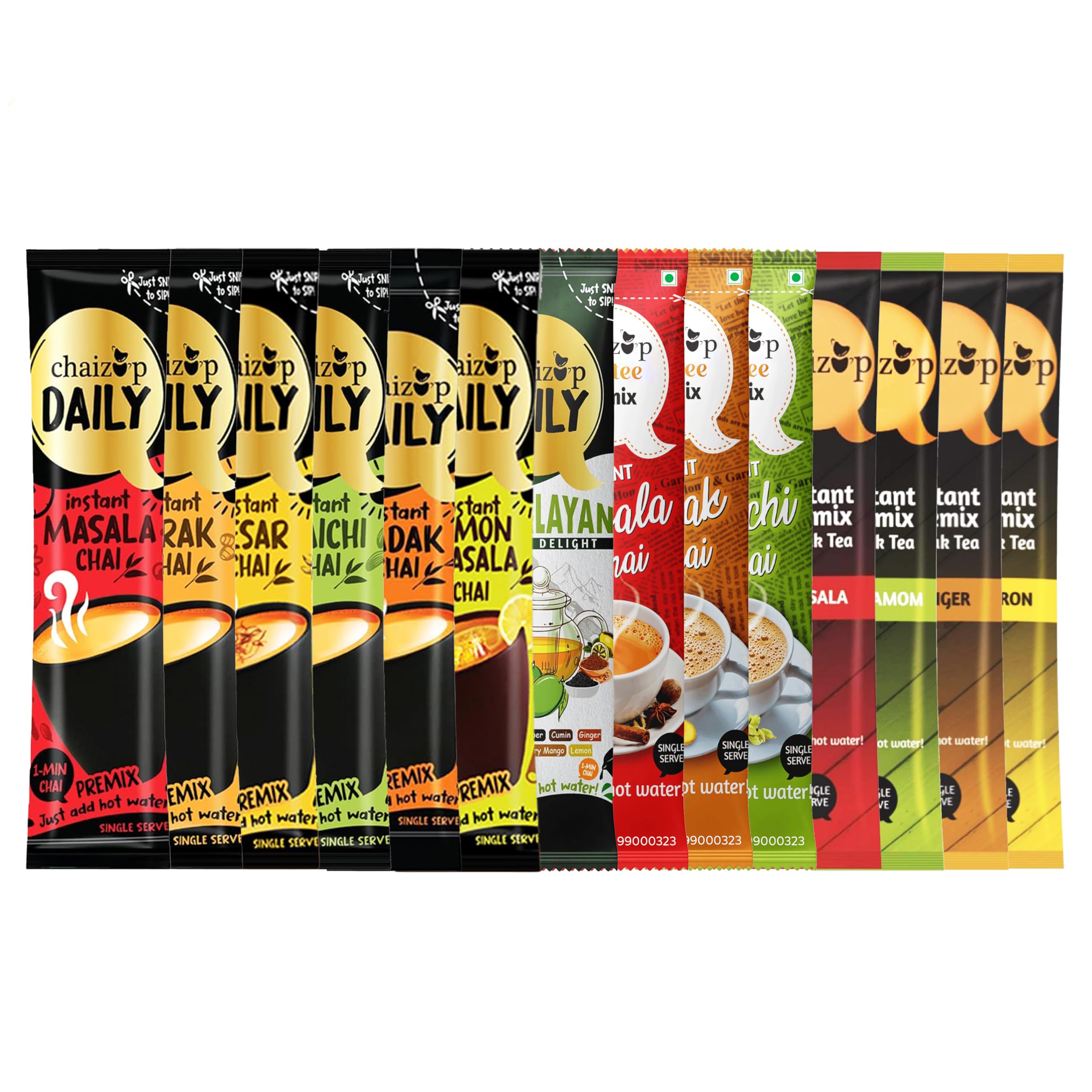 Chaizup Instant Premix Tea – 3 Unique Ranges: Daily (7 Flavors), Dimtee (3 Flavors), Premium (4 Flavors) | 14 Sachets (1 Sachets Per Flavor) | Assorted Combo Pack |