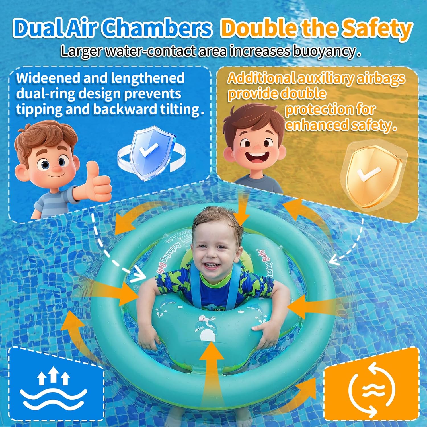 Baby Swim Ring with Parasol Ninonly Baby Swimming Pool Double Ring Safe with UPF 50+ Protection, Ergonomic Inflatable Baby Float Seat for Baby Pool and Beach 6 Months to 3 Years