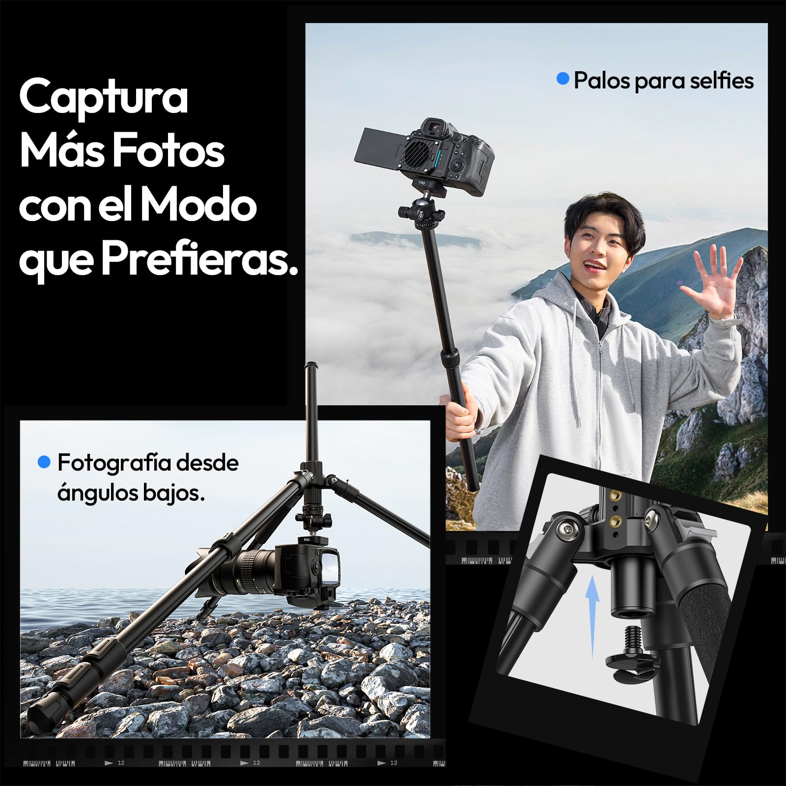 ULANZI TT53 Trípode de Viaje de Aluminio con Cabeza Panorámica de 360° y Liberación Rápida Uka, Trípode Fotográfico con Columna Central Extraíble, Altura Máxima 180CM, 1.24KG