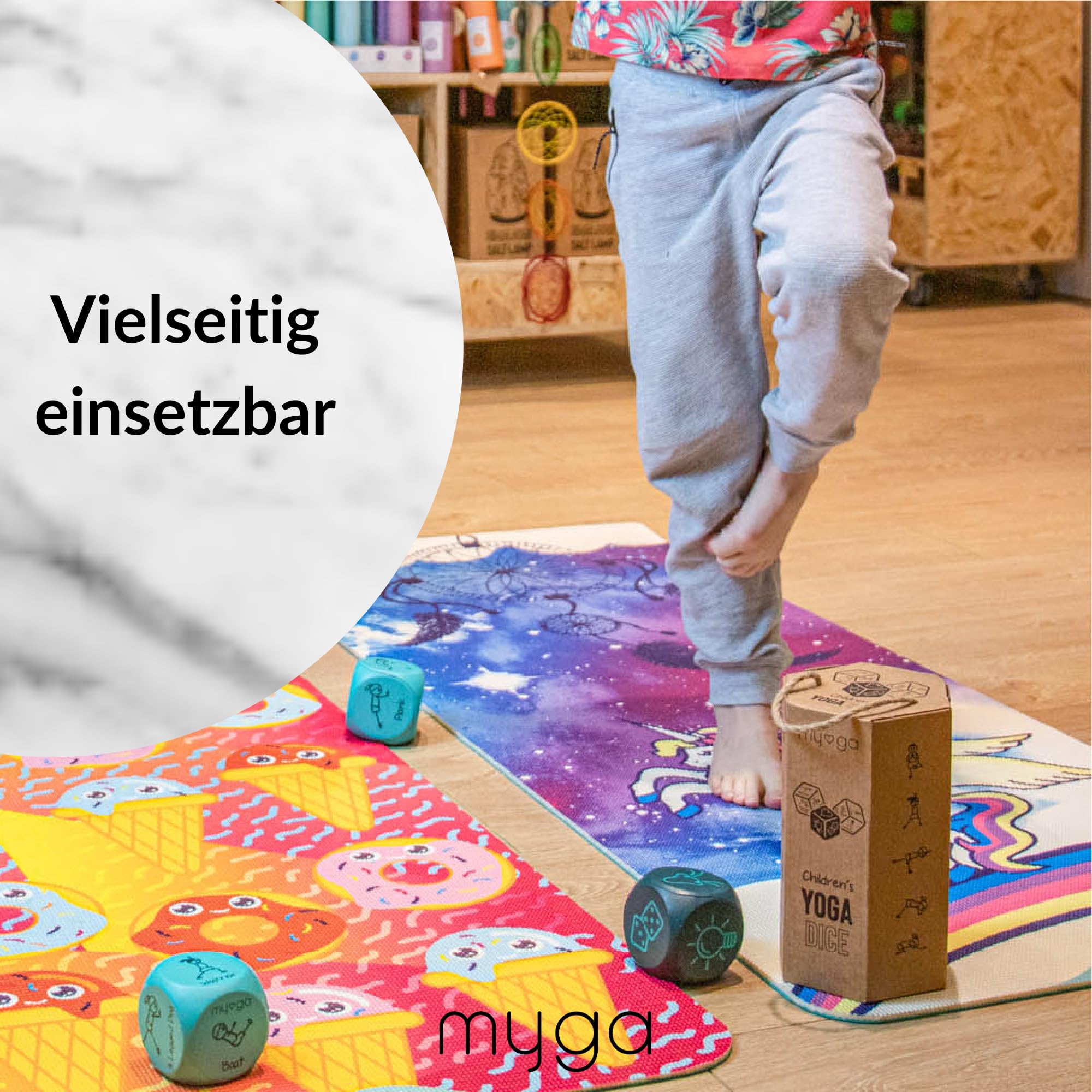 Myga Kinder Yogamatte | Rutschfest & Leichtes Gewicht | 6 mm Dicke | Ideal für Yoga, Bewegung, Spaß & Spiele | 150 cm x 55 cm | Inkl. Yoga-Posen auf Rückseite
