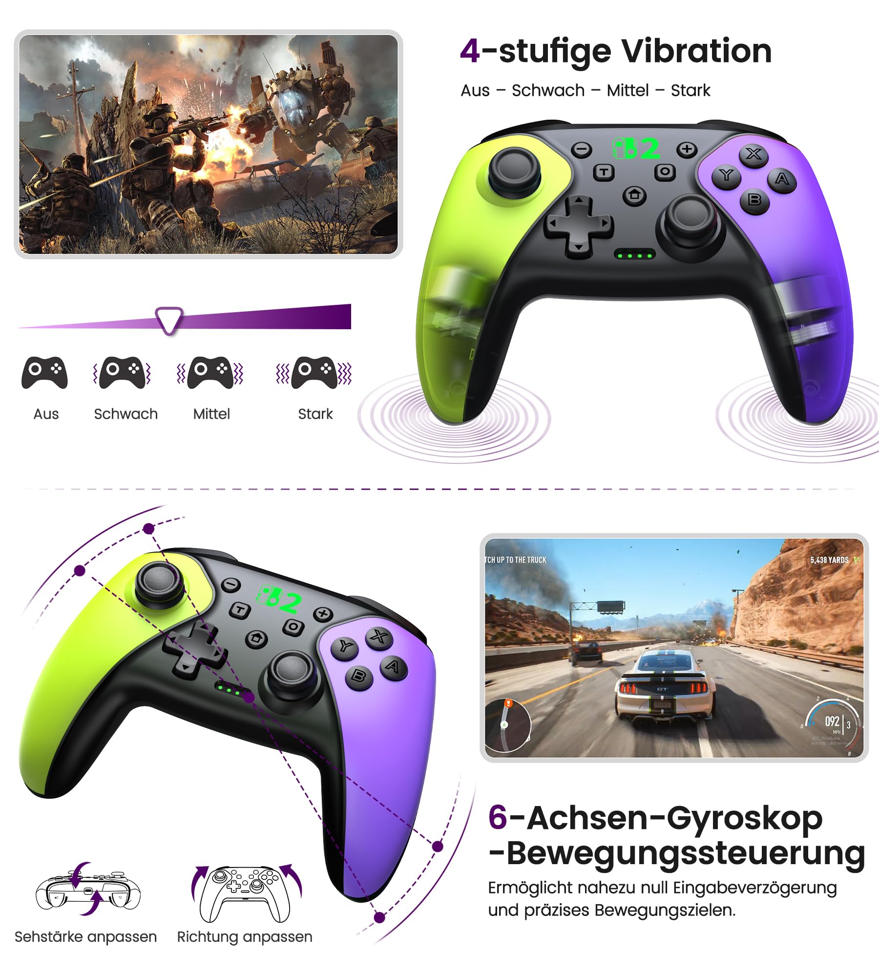 BEBONCOOL HOTS Switch Controller,Pro Controller für Switch 2/Switch 1/Lite/OLED–Aufwachfunktion/Wireless/Programmierbar/Turbo/Dual Vibration/15 Std Spieldauer,Ergonomisch Grün-Violett