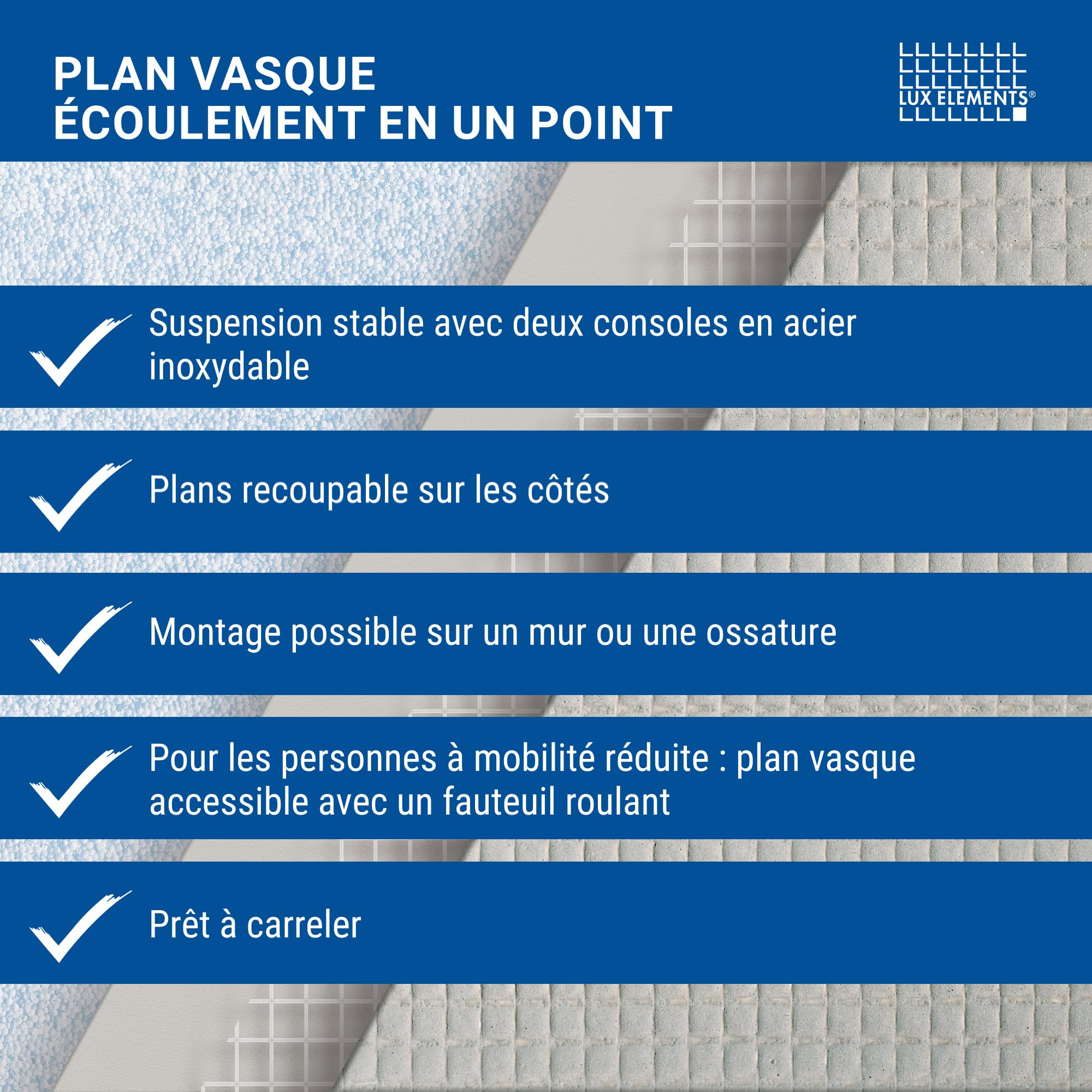LUX ELEMENTS Plan de vasque suspendu prêt à carreler, 117 x 58,5 x 10 cm, LAVADO-FLOAT G LLAVE5001, gris